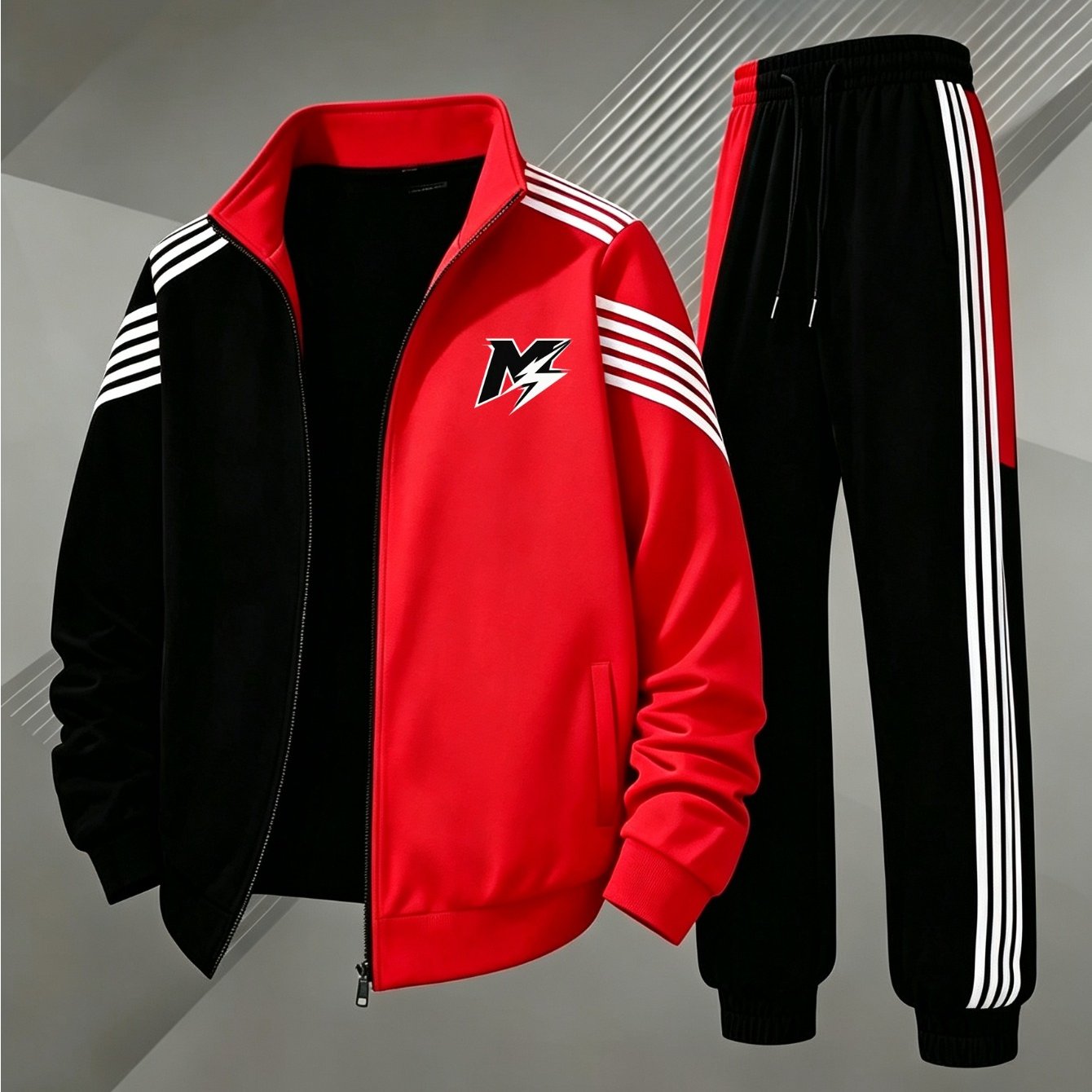 Image of Zip Up Tracksuit Set Street Style With Black Stripes Sportswear Men's Fashion For Adults Men Casual Wear Sport Outfit