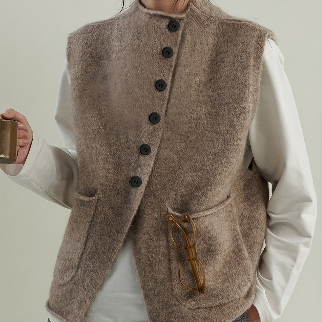 E-shop Neues Design Elegante Retro Stehkragen Einreihiger Weste für Damen - Lockerer und vielseitiger ärmelloser Strickjacke, Herbst/Winter Schichtung