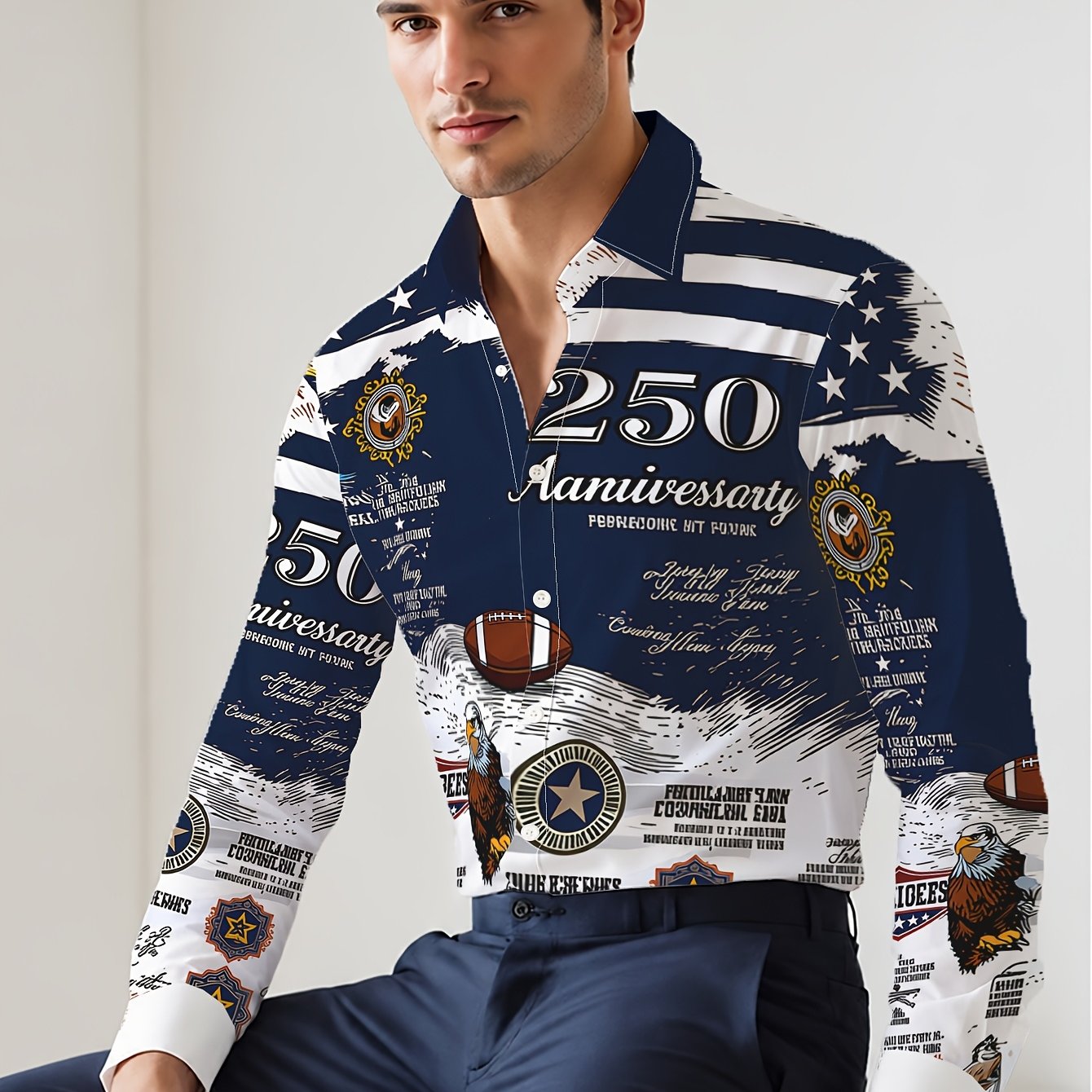 TEMU 's Long Sleeve Shirt, American Flag Football Eagle Multi-element Print, Retro Streetwear Men's Clothing Printeddesign-nottextured 2dprinting