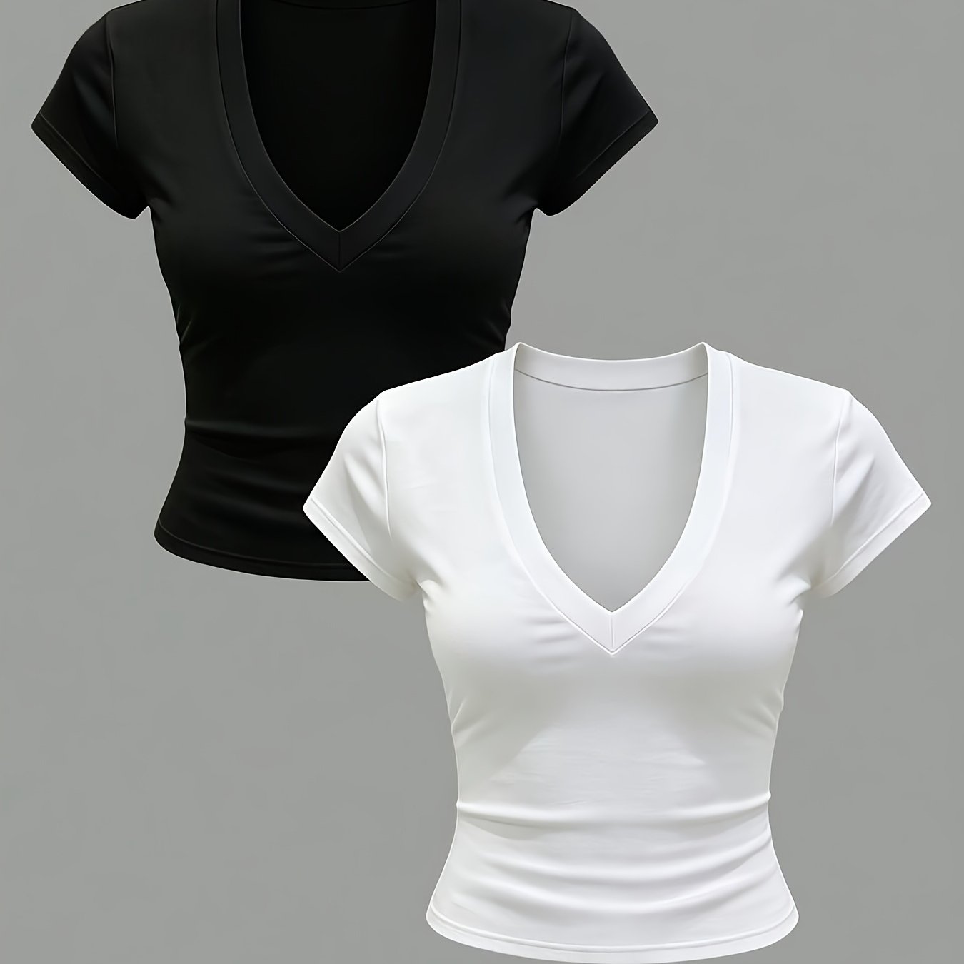 TEMU 2pcs Women's Casual Deep V-neck Solid Color Short Sleeve Slim Fit T-shirt