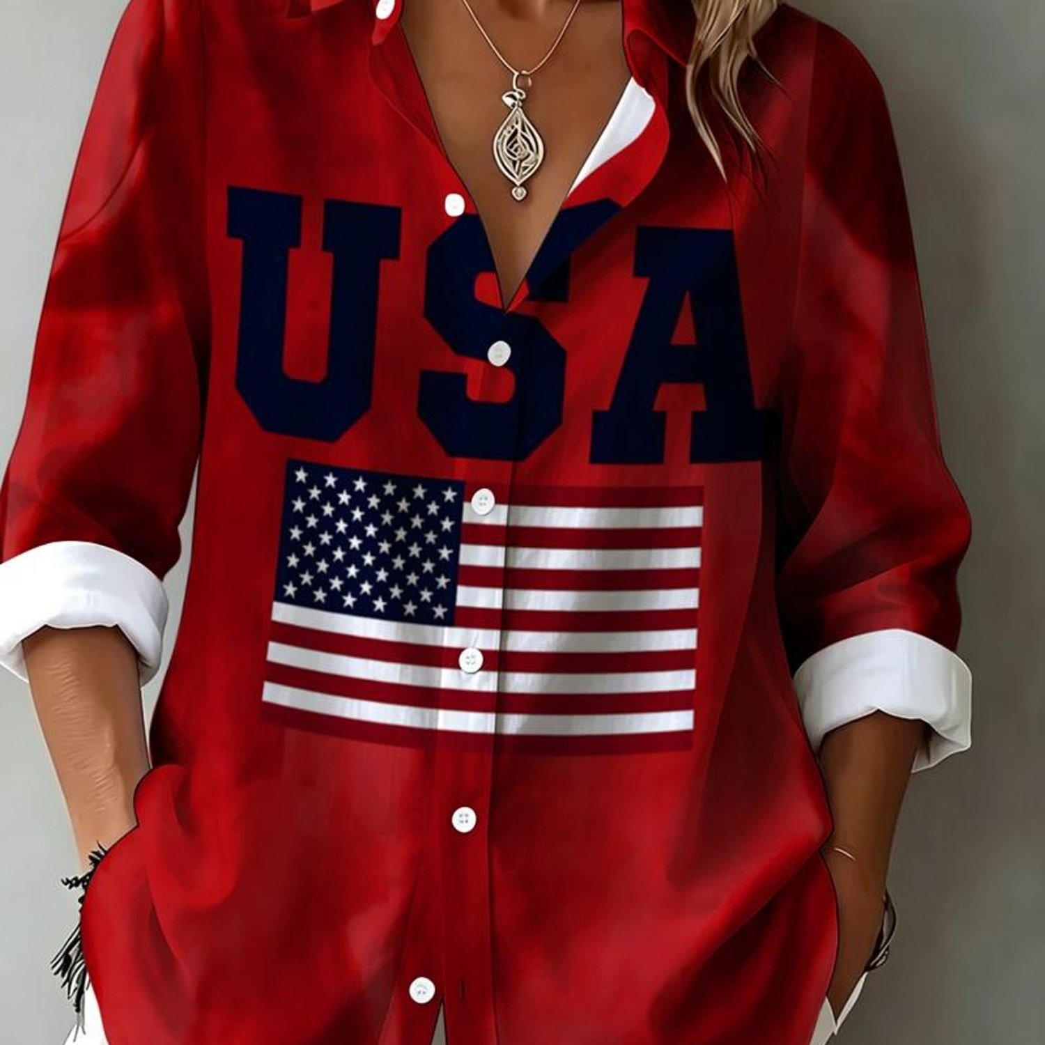 TEMU [printed Design-not Textured] Women's American Patriotic Style Full Print Usa Flag And Texture Detail Blouse, Premium Loose Long Sleeve Top
