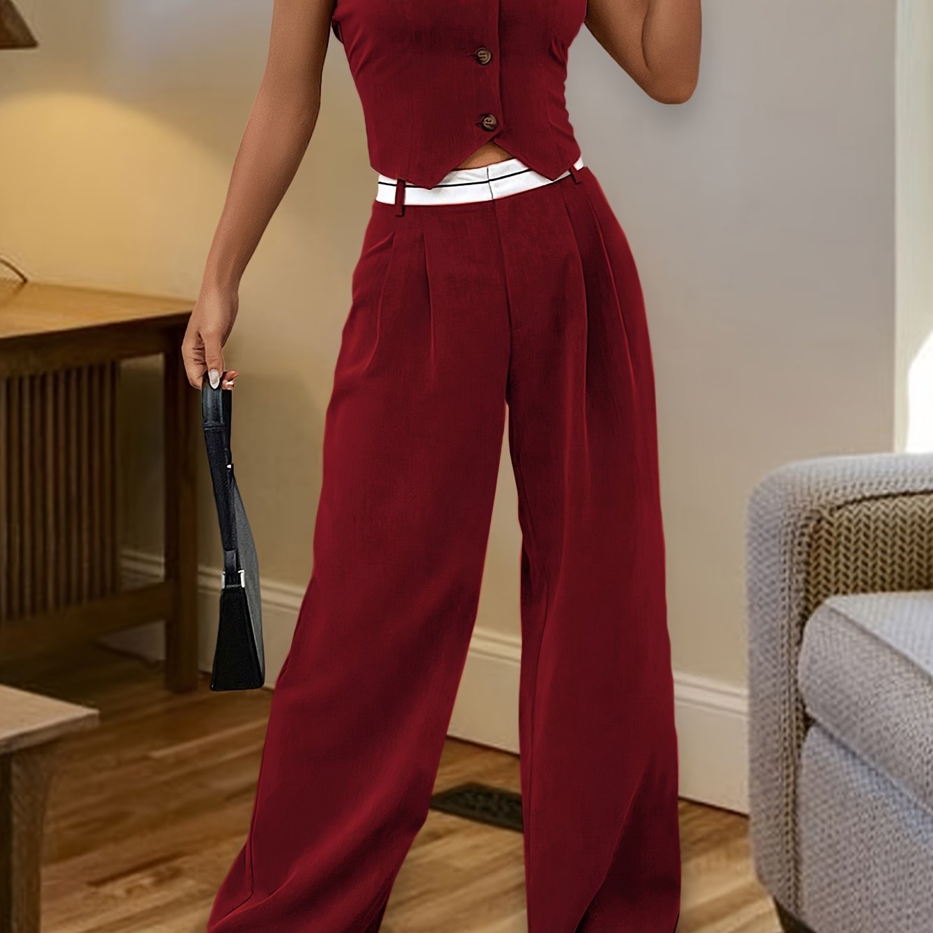 Solid Two piece Set Elegant Halter Neck Top Wide Leg Pants - Temu New  Zealand