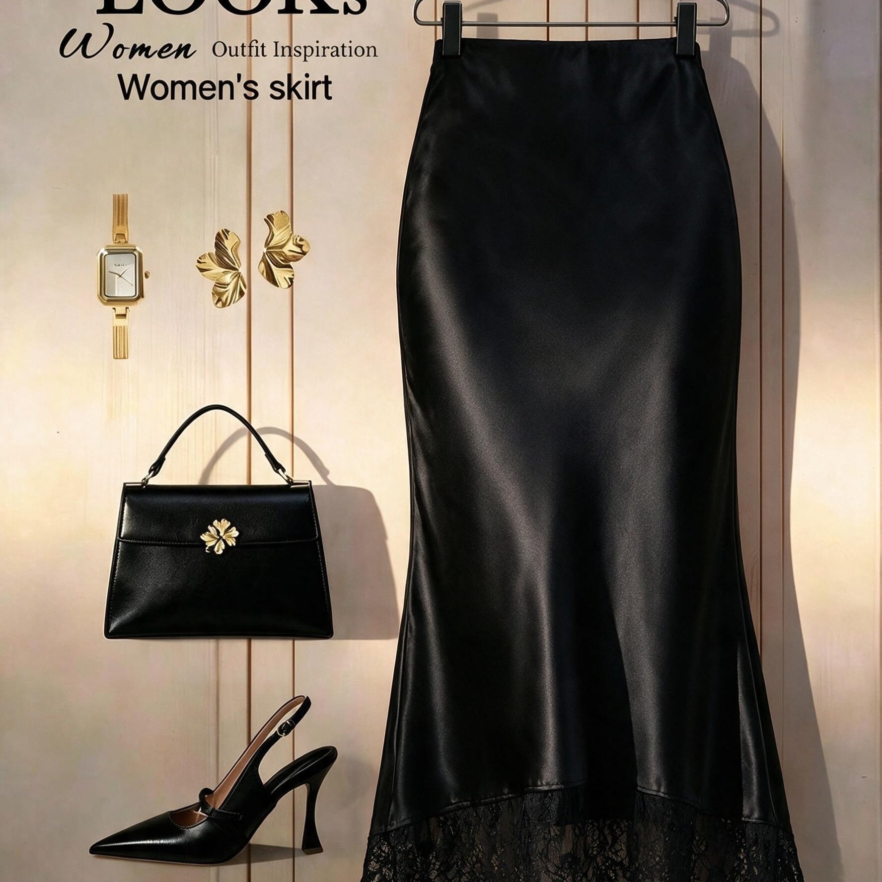 TEMU Robe midi femme taille haute en satin à queue de poisson, ourlet en dentelle , noir pur, coupe slim, polyvalente pour et les quotidiens, tenue