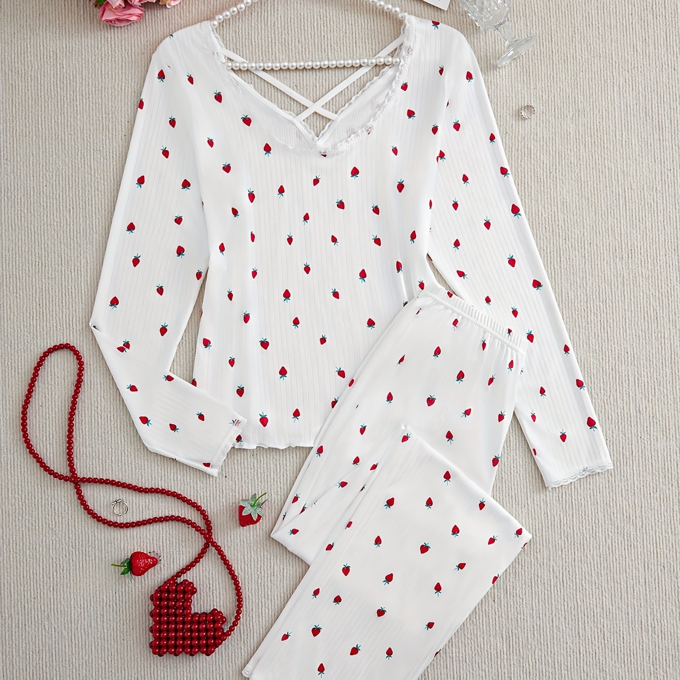 Ladies' Strawberry Print Ruffle Pajama Set