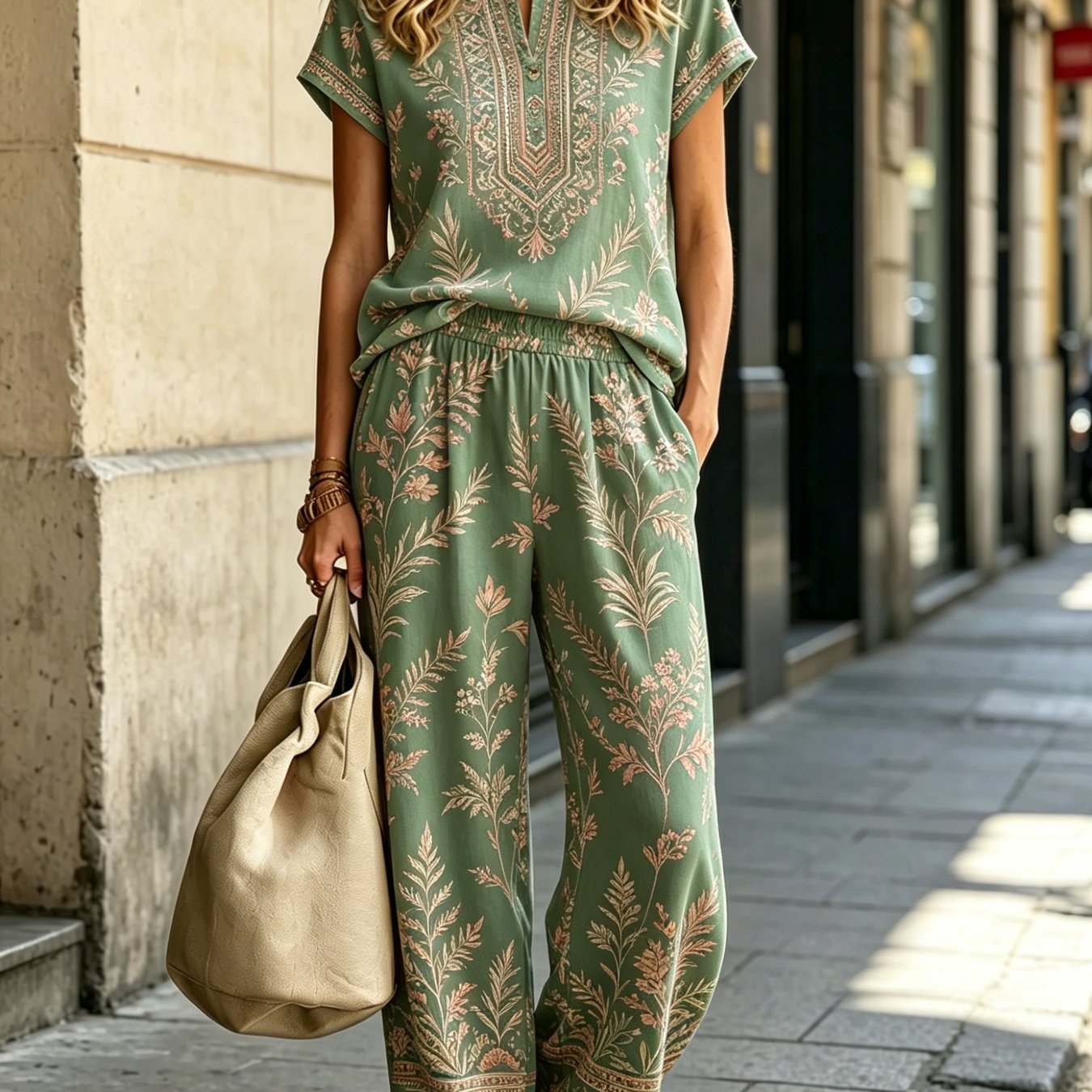 Image of New Four-season Fashion -neck Mid-short Sleeve T-shirt With Casual Long Pants Women'-piece Set, Casual And Style, Suitable For Spring And Summer Daily And Vacation Occasions Styling