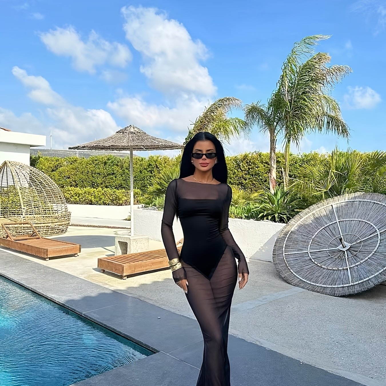 Image of Elegant Long Dress For Beach Vacation | Breathable, Stretchy Fabric, Off The Shoulder, Solid Color, Sheer Bodycon Style For Summer