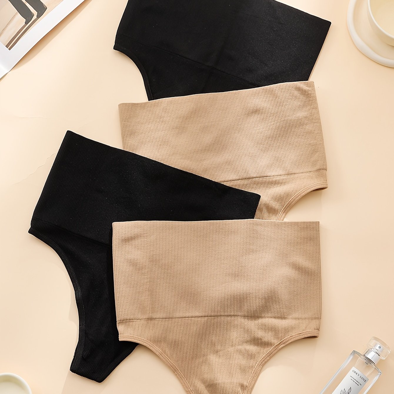 TEMU 4pcs Women's High-waisted Tummy Thong Set - Seamless Ribbed Underwear, Stretchy Soft Breathable Fabric, Invisible No Show Fit, Comfortable Body