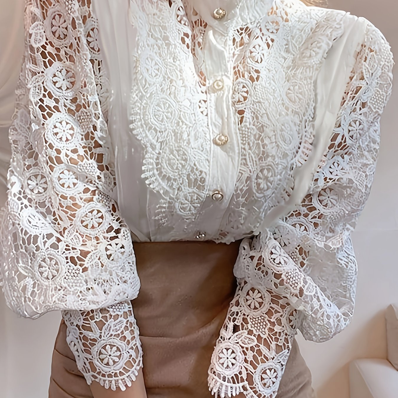 Image of European And American Women's Lace Shirt, Daily Elegant Fashion Button- Blouse With Stand Collar