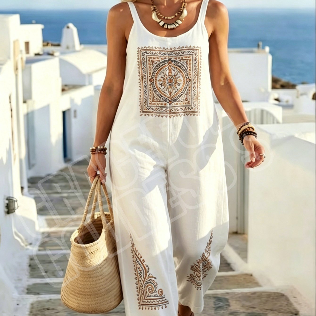 Image of Women's Sleeveless Wide Leg Jumpsuit, Summer Outfit Daily Wear Vibrant Boho Ethnic Floral Mandala Loose Overalls, Lightweight Breathable Fabric