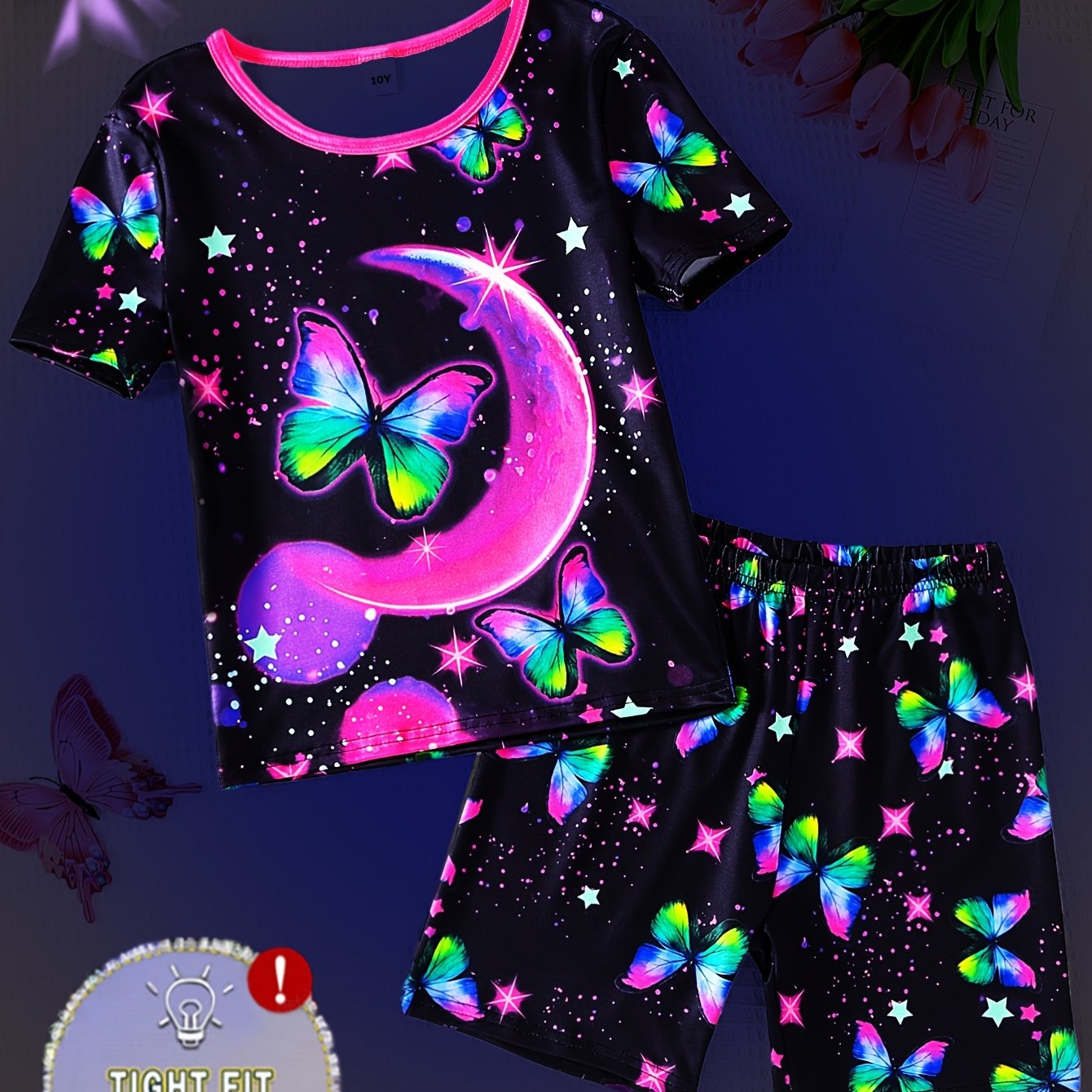 Image of (for Tight Fit, Recommended To Order A ) Girls' Starry Print Tight-fitting Pajama Set - Comfortable Short Sleeves And Shorts, High Elastic Knitted Fabric, Machine Washable