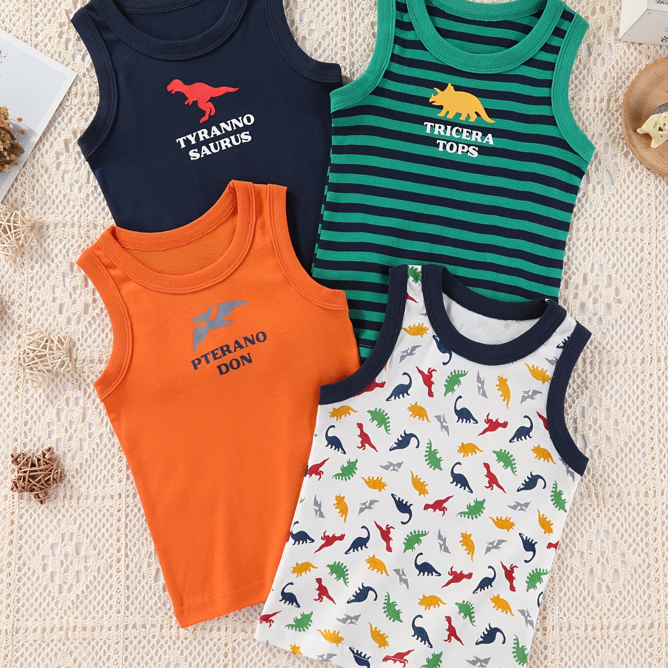 4pcs Set Of Boys' Vests Dinosaur Baby Pattern Children's Toddler Cute Vests