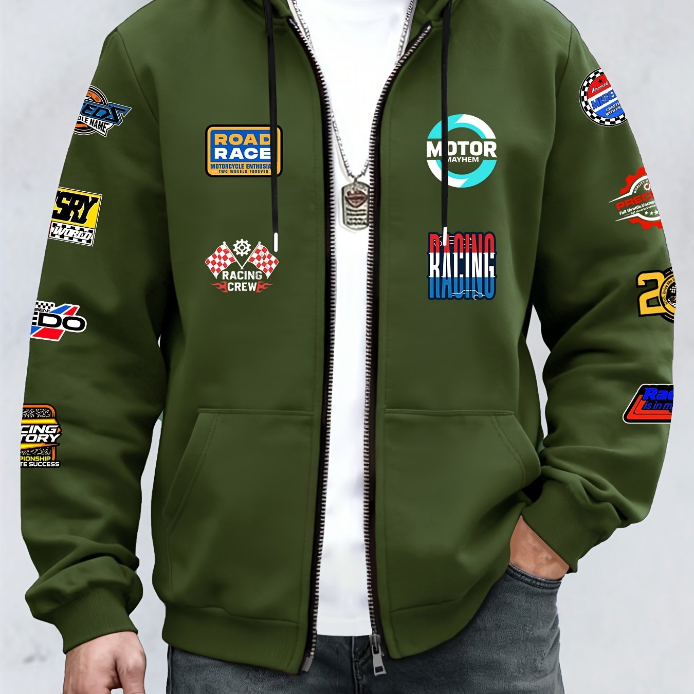 TEMU Men's New Hooded Jacket, Sporty Casual Design With Trendy Racing Element Heat Transfer Printing, Casual Attire Hooded Jacket, Zip-up Cardigan