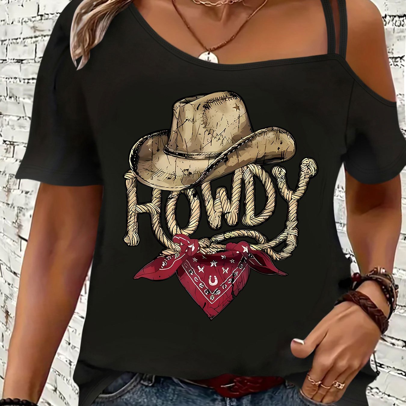 TEMU Halloween Western Cowboy Hat Letter Howdy Printed Loose Athletic Elegant Party Fashion Casual Cute All-match Short Sleeve Cami Top
