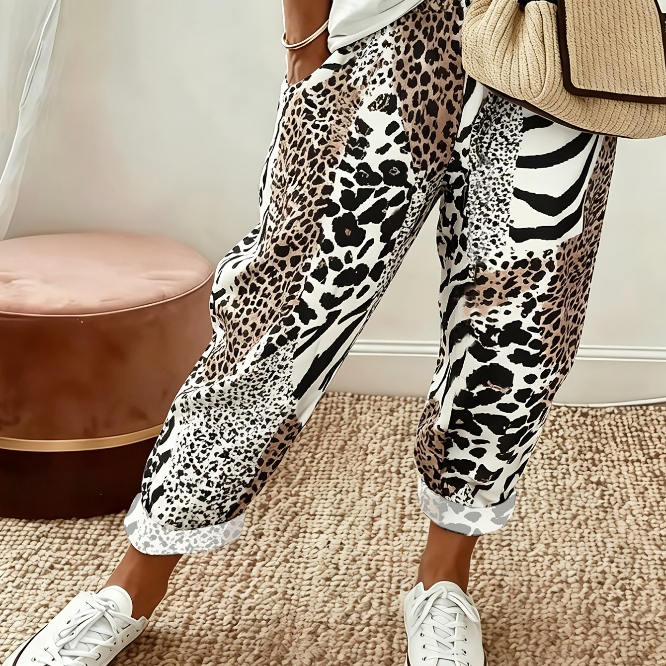 Image of Plus Size - Plus Size - Spring Summer Women's Plus Size Casual Printed Straight Leg Pants | , Breathable Fabric, Design With Pockets, Elastic Waist Loose Fit, Women's Trousers