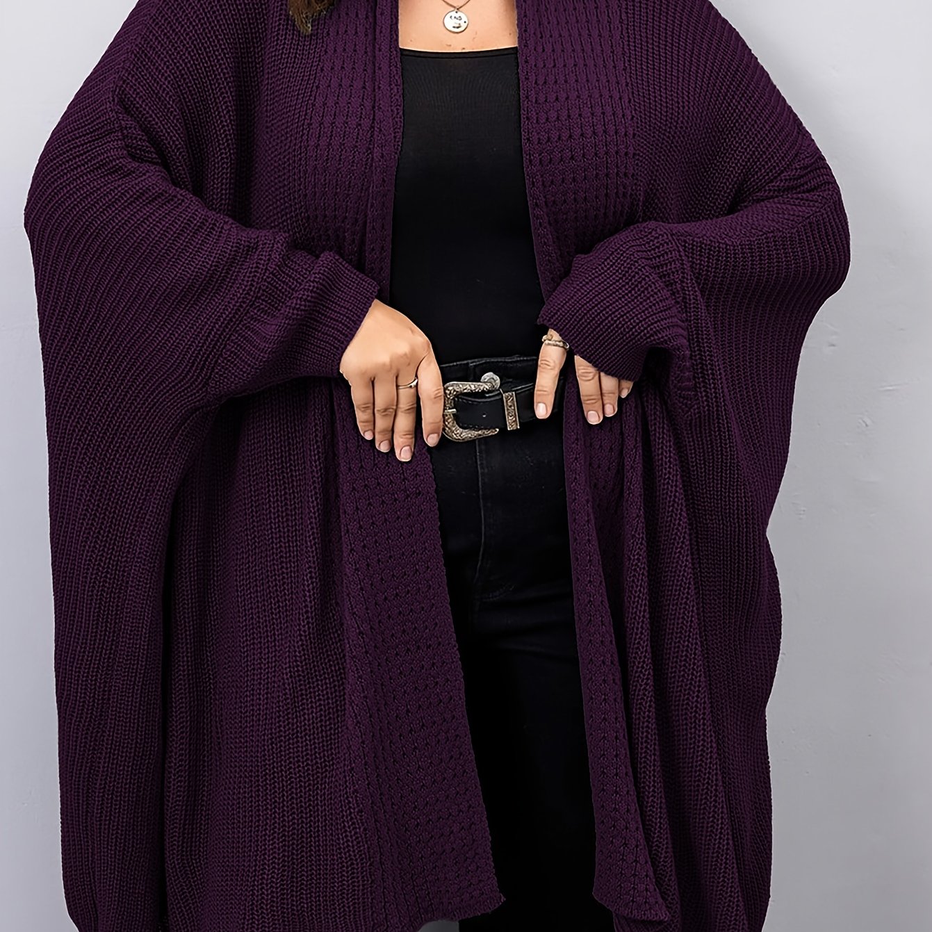 TEMU Plus Size, Plus Size Women's Batwing Sleeve Solid Open Front Cardigan