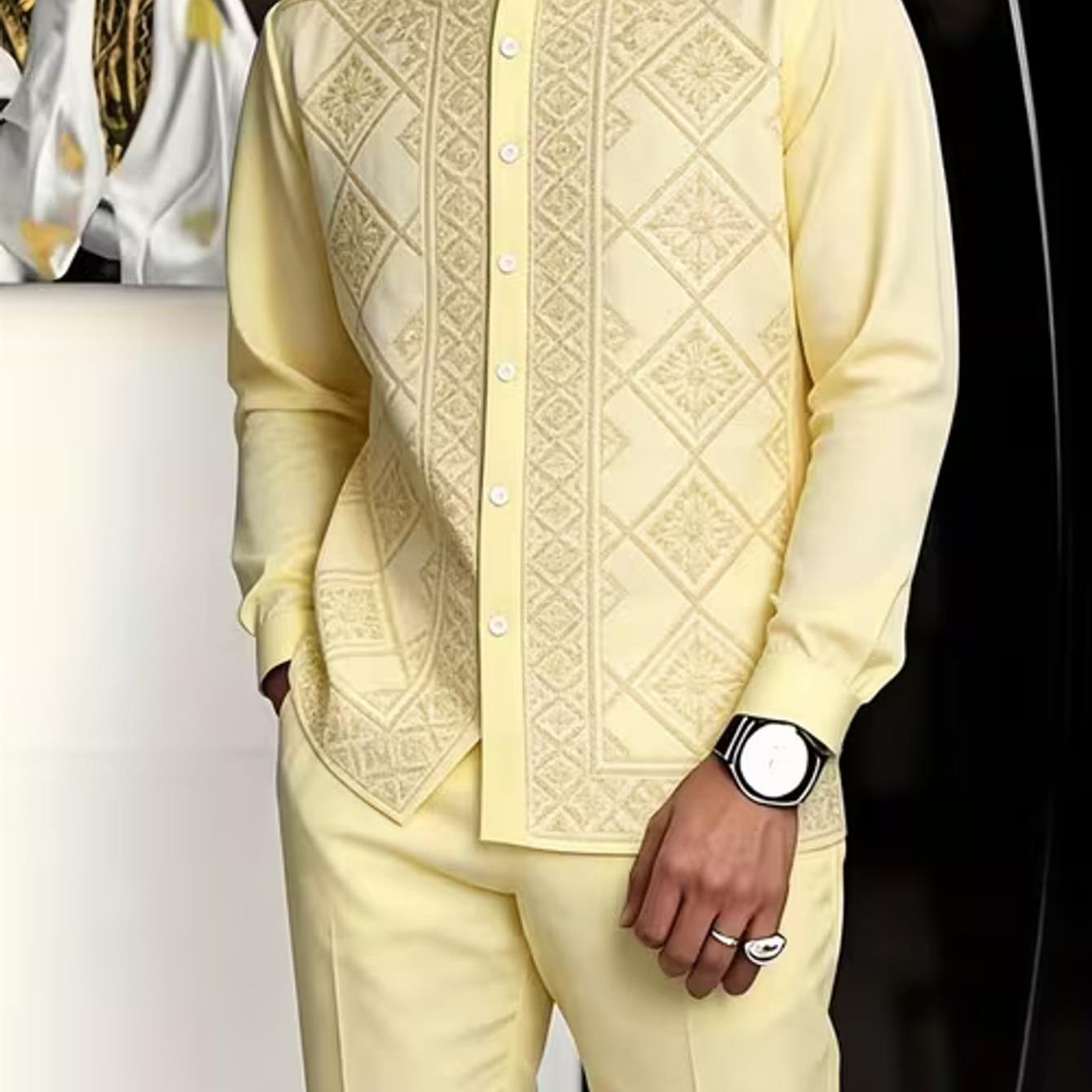 Image of Printed Design- Non-textured Collar Men's Fashion Casual Trendy Long-sleeve Shirt And Pants Set, With Geometric Pattern, Adult Men's Party Attire