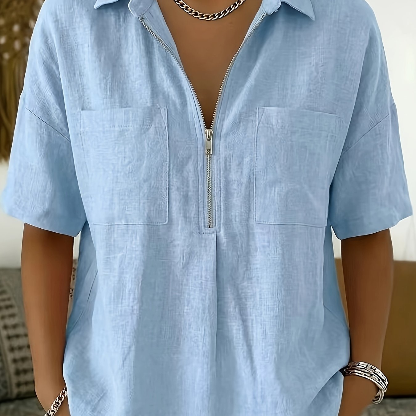 TEMU New Summer Loose Fit Lapel Short Sleeve V-neck Zipper Solid Color T-shirt