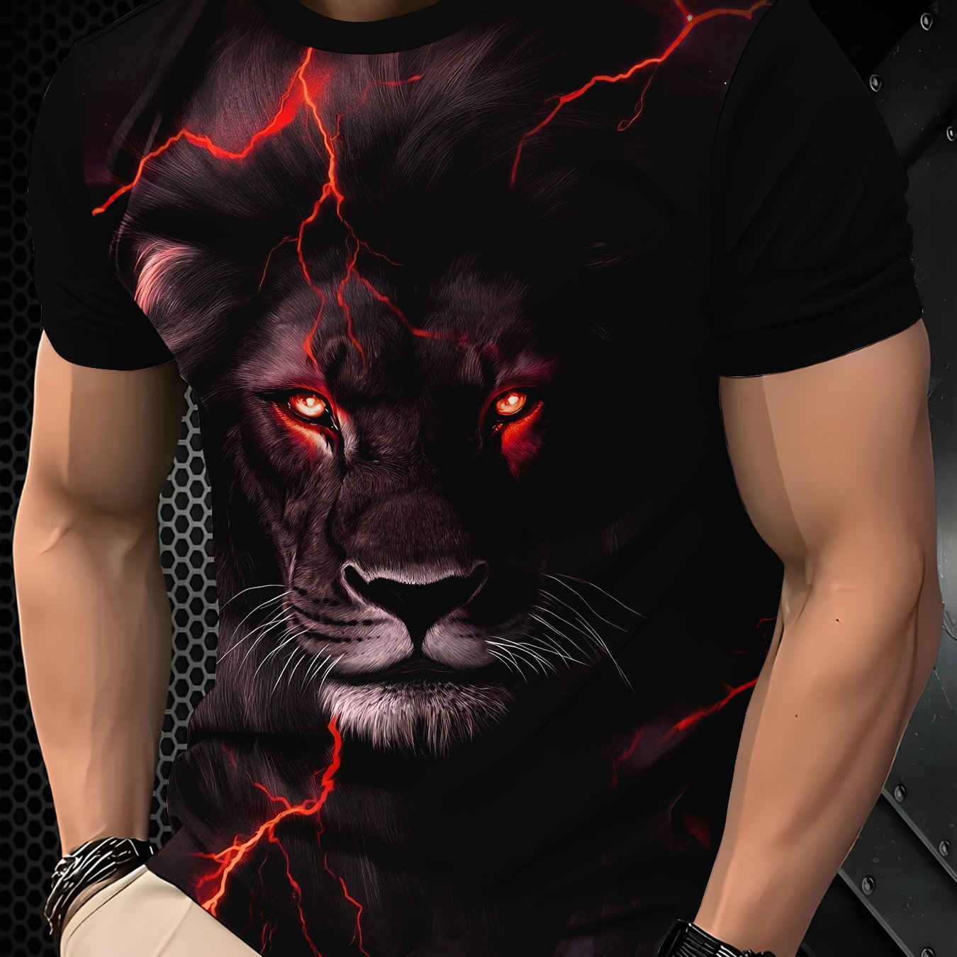 TEMU Lightning Lion 3d Print T-shirt, Trendy Cool Individual Style Men's Short Sleeve Top