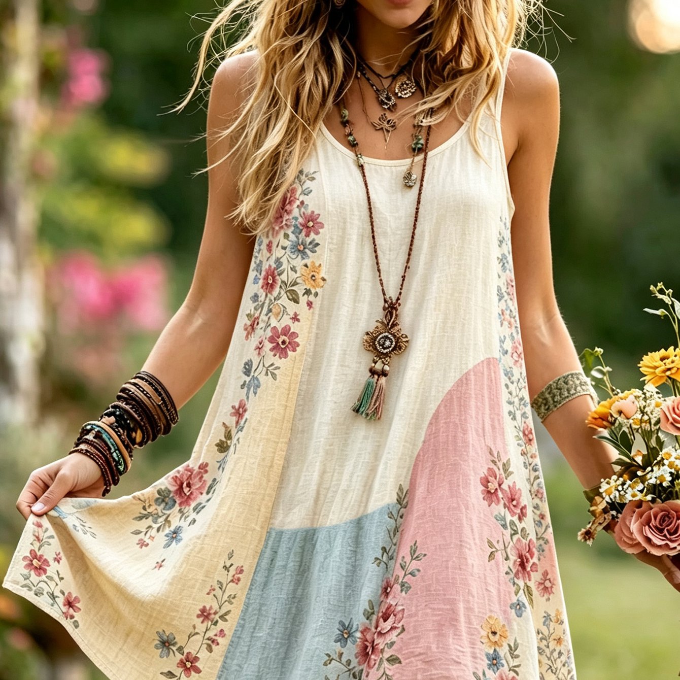 TEMU Plus Size Women's Knee-length Dress, Fashionable , Full Body , Machine Washable Material, Retro Color-block Floral Print Sleeveless Vest Dress,