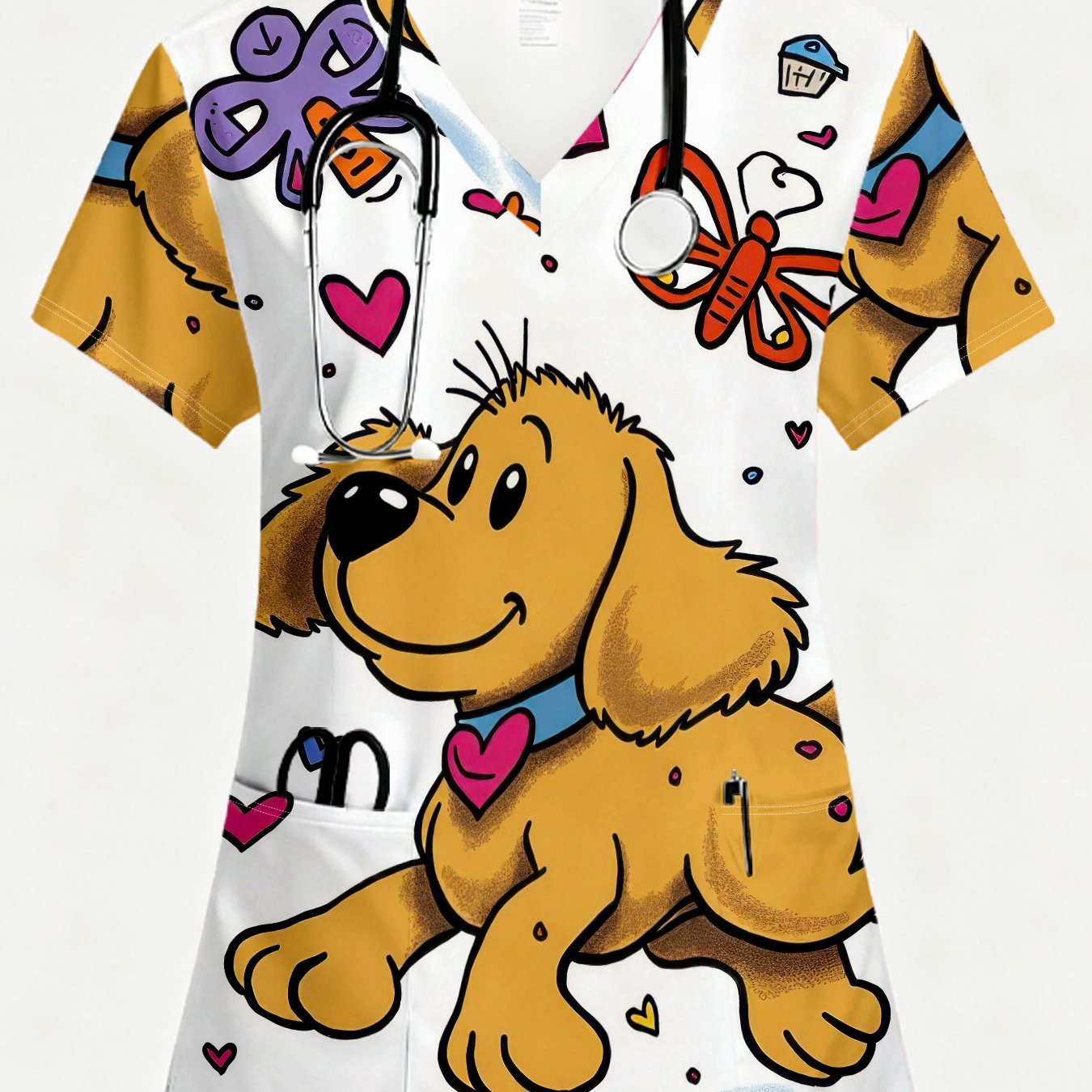 TEMU Women's V-neck Short Sleeve Nurse Uniform - Cute Paw Print & Heart Full-body Print Work Blouse For Pet Grooming, Vet Assistant, Hotel - Soft