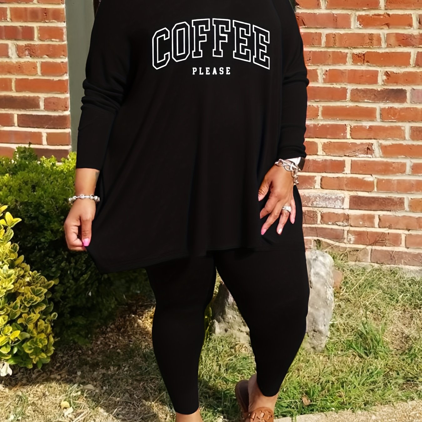 TEMU Plus Size, Women's Autumn/winter Set In Sizes 0xl To 8xl, With Coffee Letter Print. The Pants Feature Pockets And Are Suitable For Home, Casual,