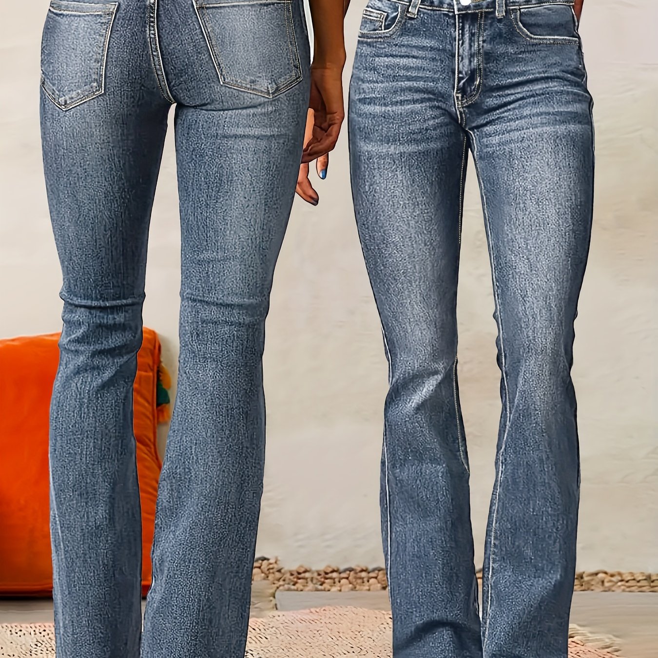 Image of Solid Color Double-button Washed Blue Patterned Flared Jeans For Women, Featuring A Vintage High Waist And High Elasticity, Perfect For
