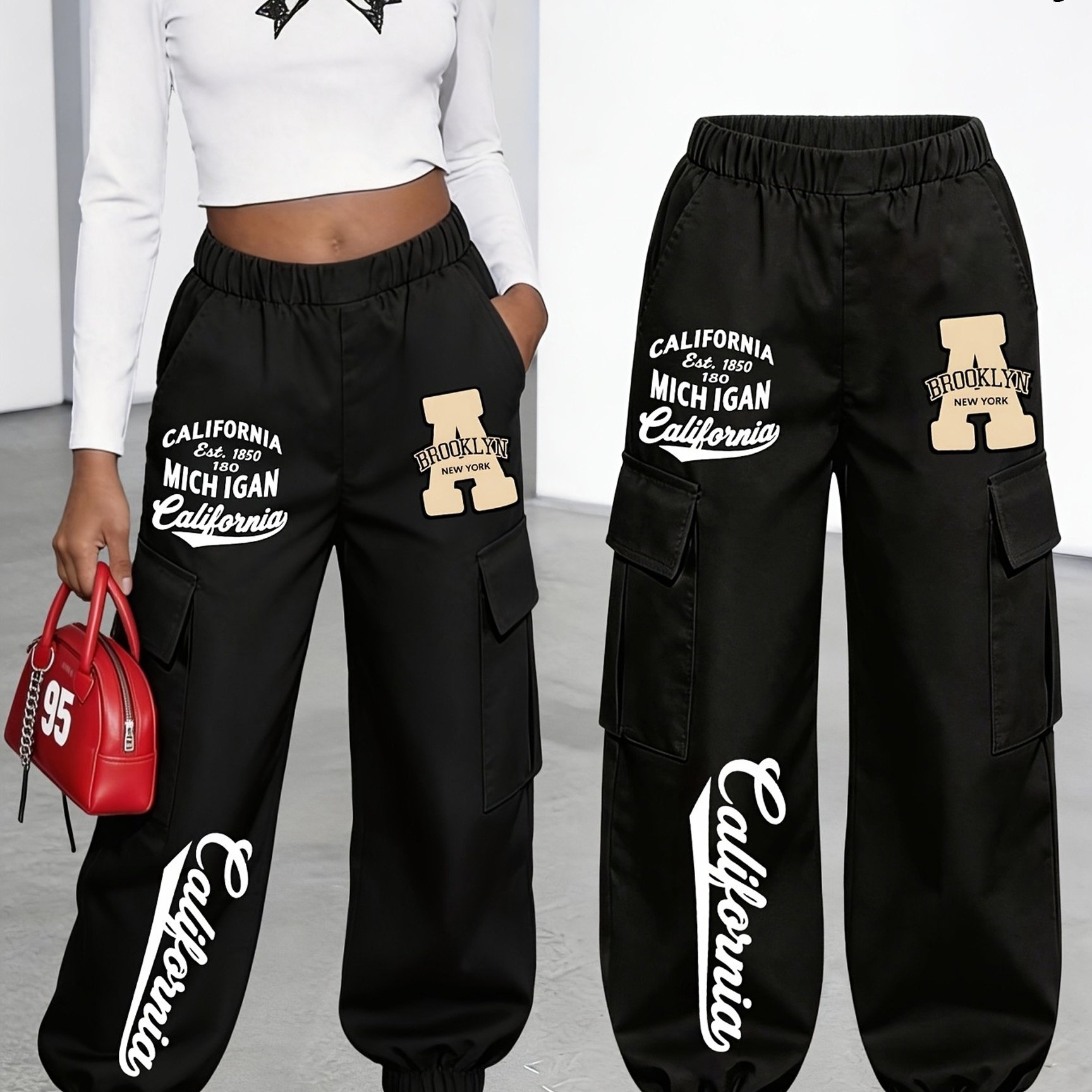 E-shop Neu eingetroffen - Damen (Einzelpreis), Niedliches und lustiges Muster Buchstaben Print Cargohose, Multi- Design, Digital Cartoon Muster, Cargo