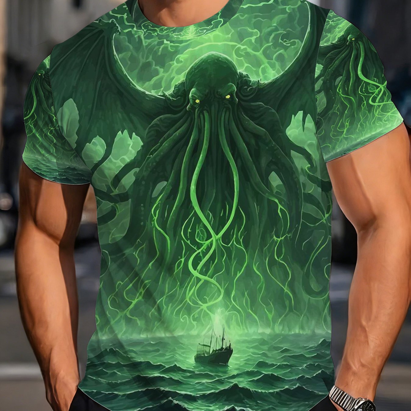 TEMU Cthulhu Mythos Horror Graphic Print Men Is T-shirt Casual Wear For Fans Of Fantasy And Mythology Perfect Halloween Costume Party And Unique Gift