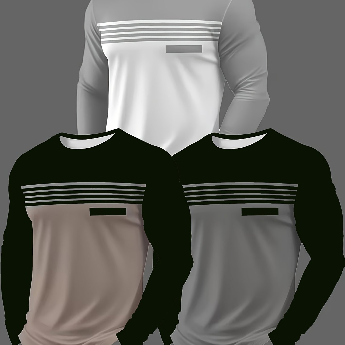 TEMU 3pcs Men's Casual Long Sleeve T-shirts - Geometric Patterns, Round Neck, Regular Fit, For Casual Wear, Geometric Pattern Shirts, , Daily Outfit,
