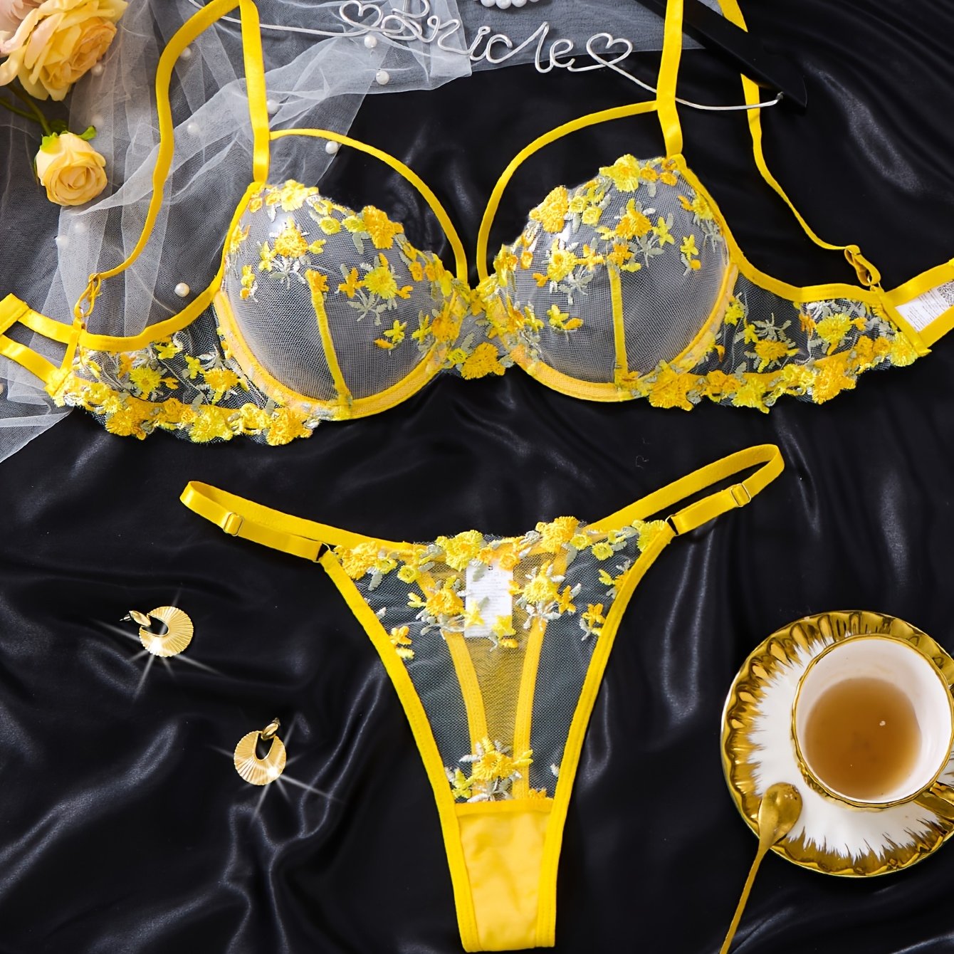 TEMU Sun- Yellow Embroidered Lingerie! Sheer Mesh With Edging, Perfect For Photoshoots