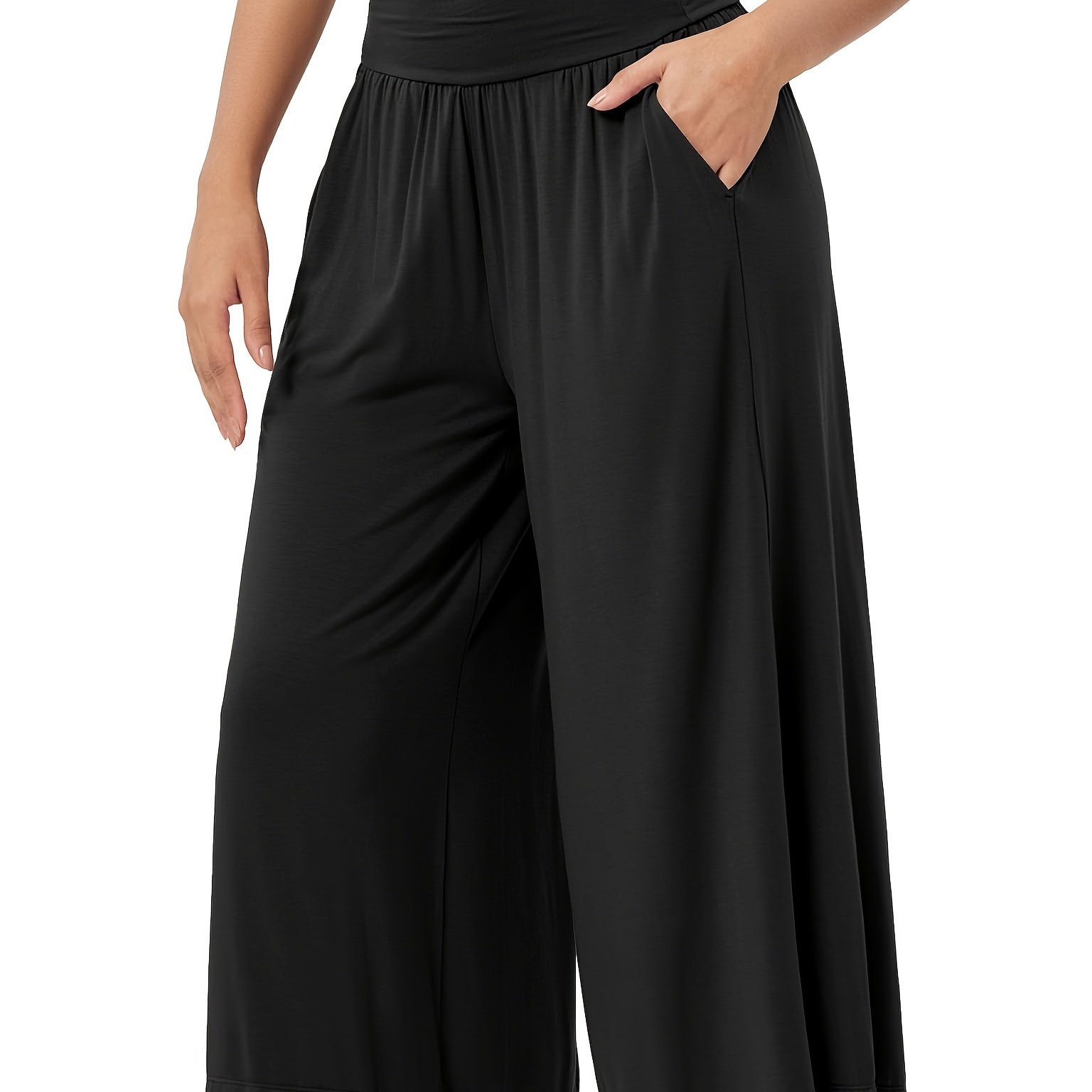 TEMU Women's High-waisted Elastic Waist Wide-leg Capri Athletic Pants - Tummy Control Yoga Hiking Workout Pants With Pockets, Breathable Mid-stretch
