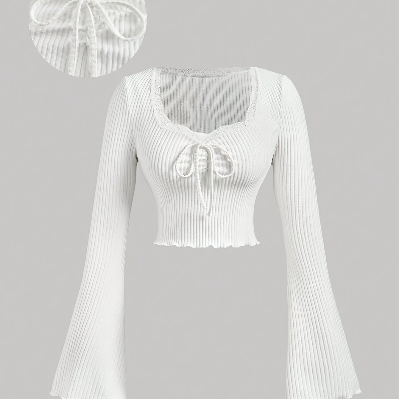 TEMU Elegant Directional Fashion Notched Lace Collar Flared Sleeve Cropped Top