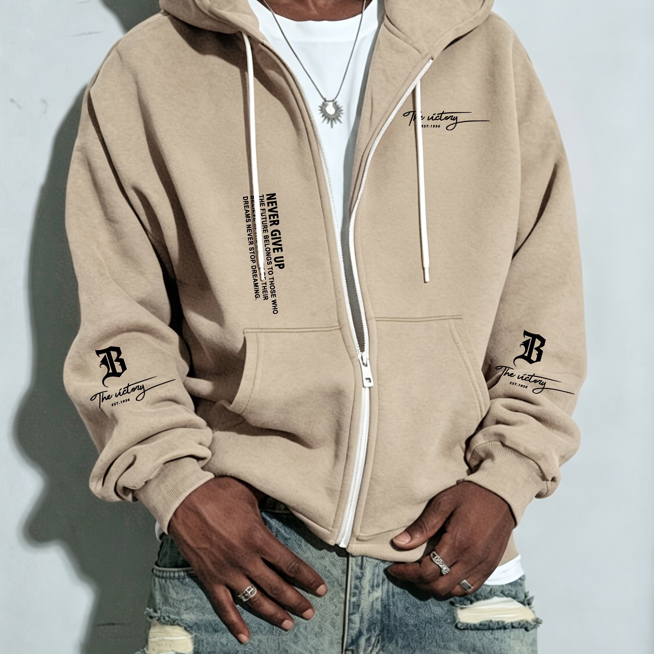 TEMU Men's Autumn/ Zip-up Hoodie, Casual Daily Drawstring Zip-up Hooded Sweatshirt With Creative Flat , Front Kangaroo Pocket, Unisex Top
