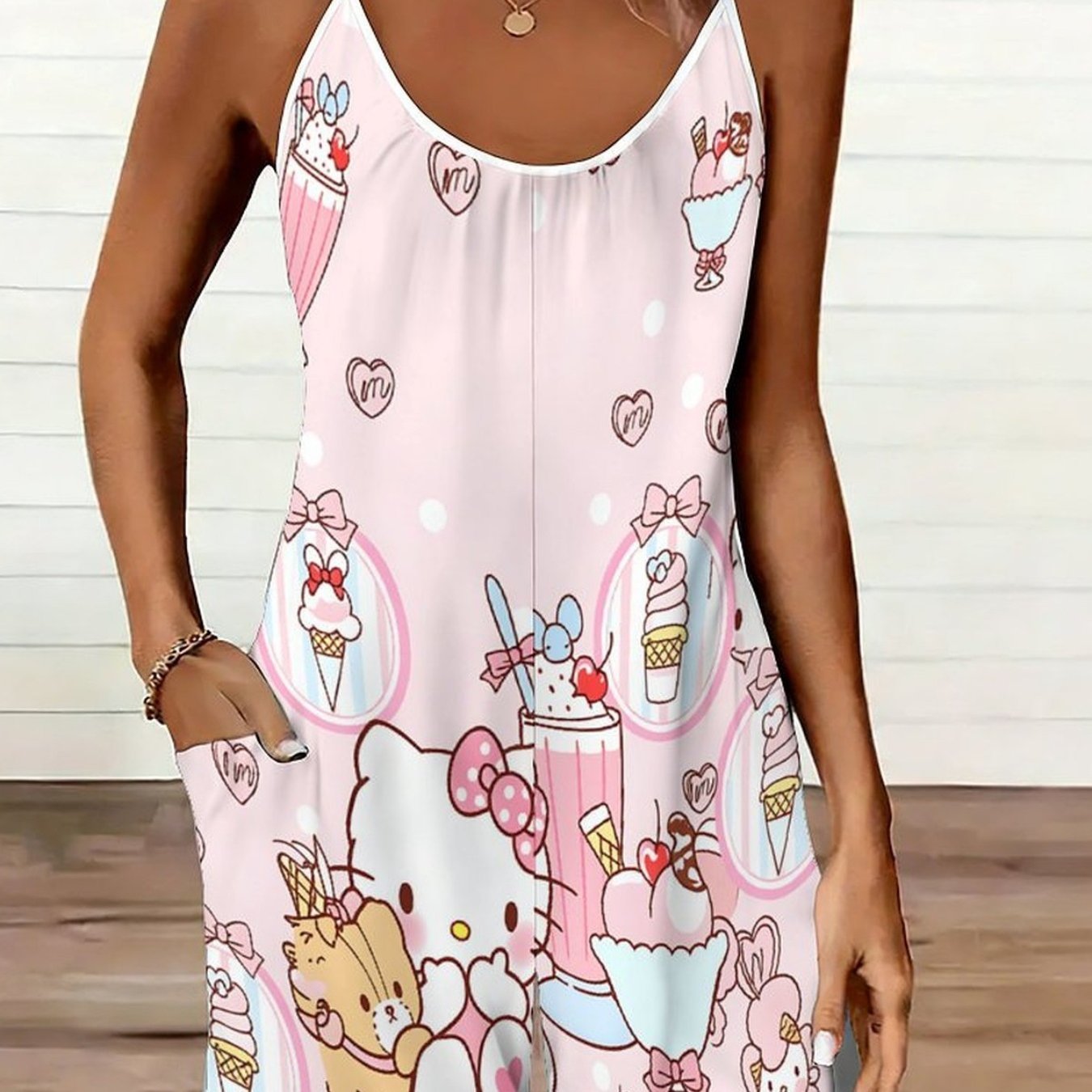 Image of Women's Hello Kitty Jumpsuit - Sleeveless Pocket Shorts Romper With Iconic Hello Kitty Face & Pocket Shorts, Machine Washable Camisole Outfit, Standard Size For Themed Parties, Casual Attire & Lounge