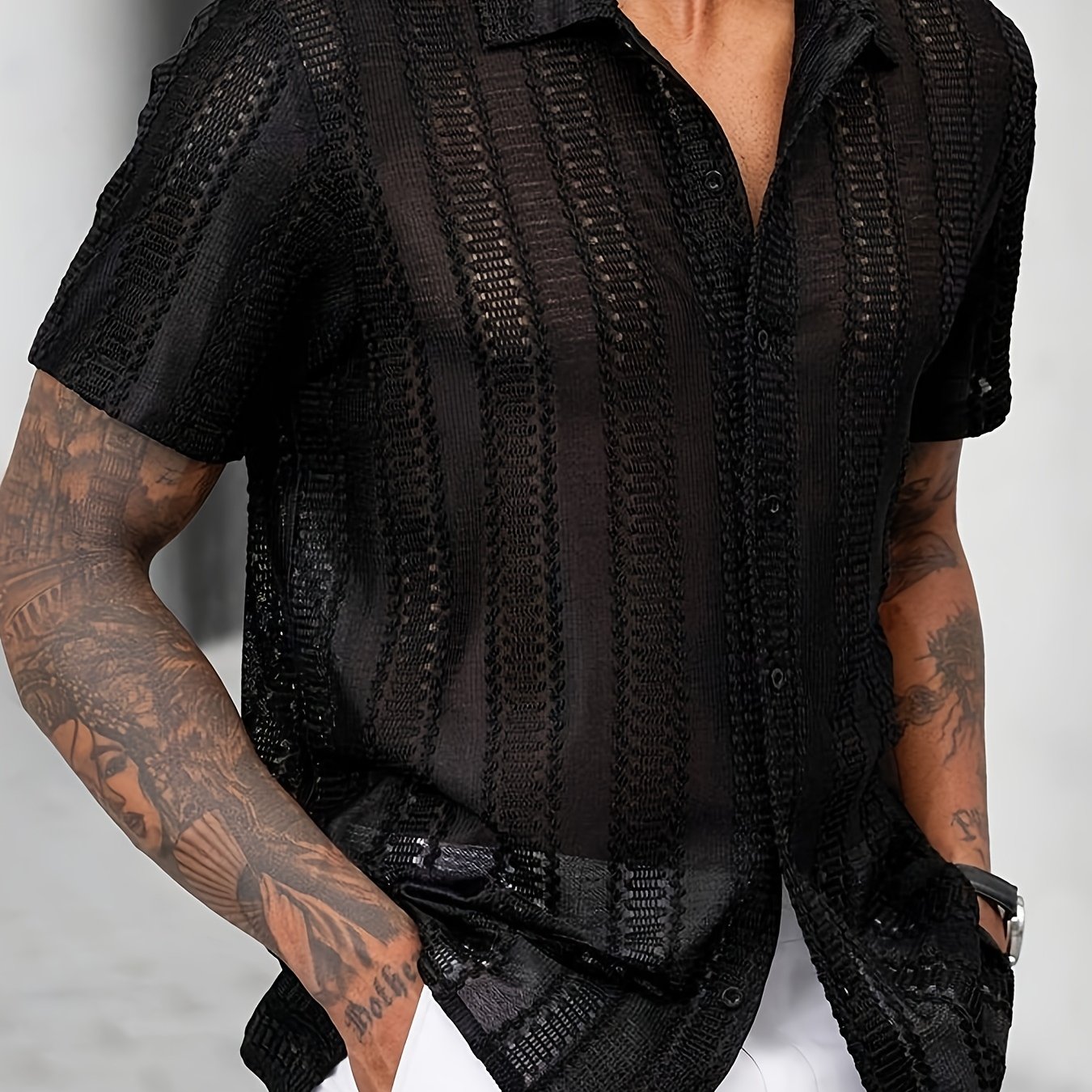 TEMU Men's Fashion Casual Black Hollow-out Short Sleeve Lapel Knit Shirt