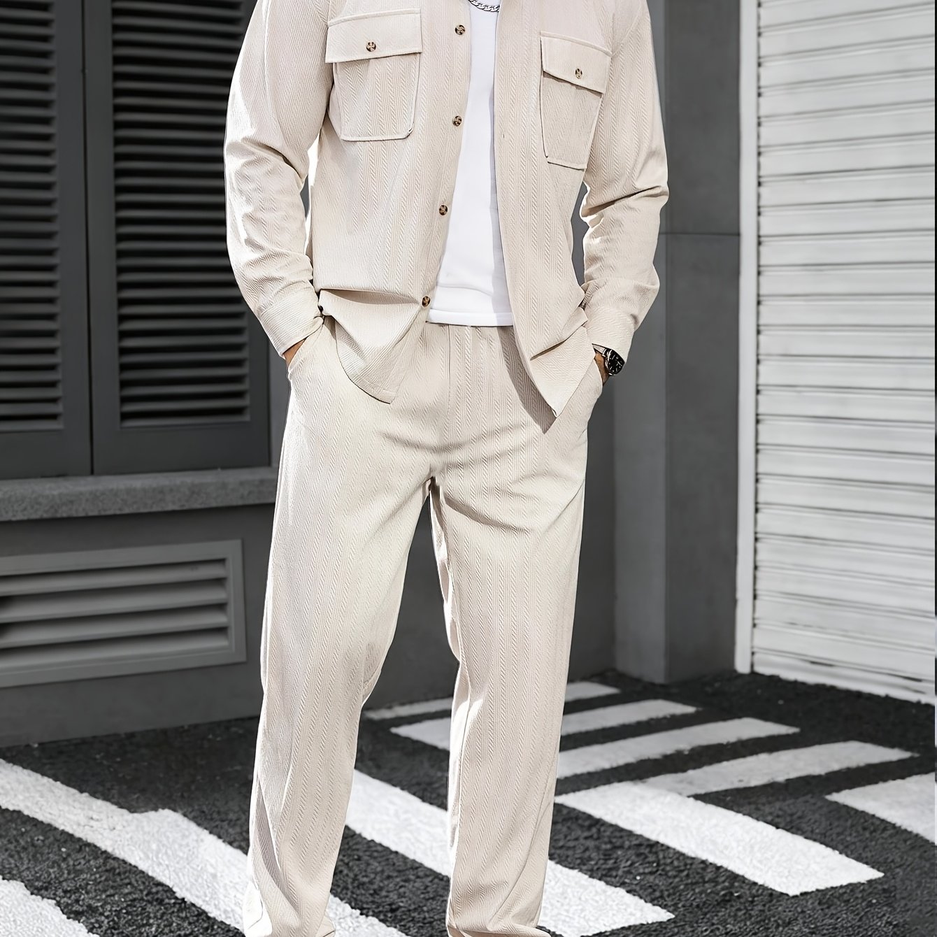 TEMU 2pcs Men's Corduroy Lapel Long-sleeve Shirt And Casual Trousers Set, Spring/autumn Apparel, Double Chest Pocket Decoration, Stylish Design,
