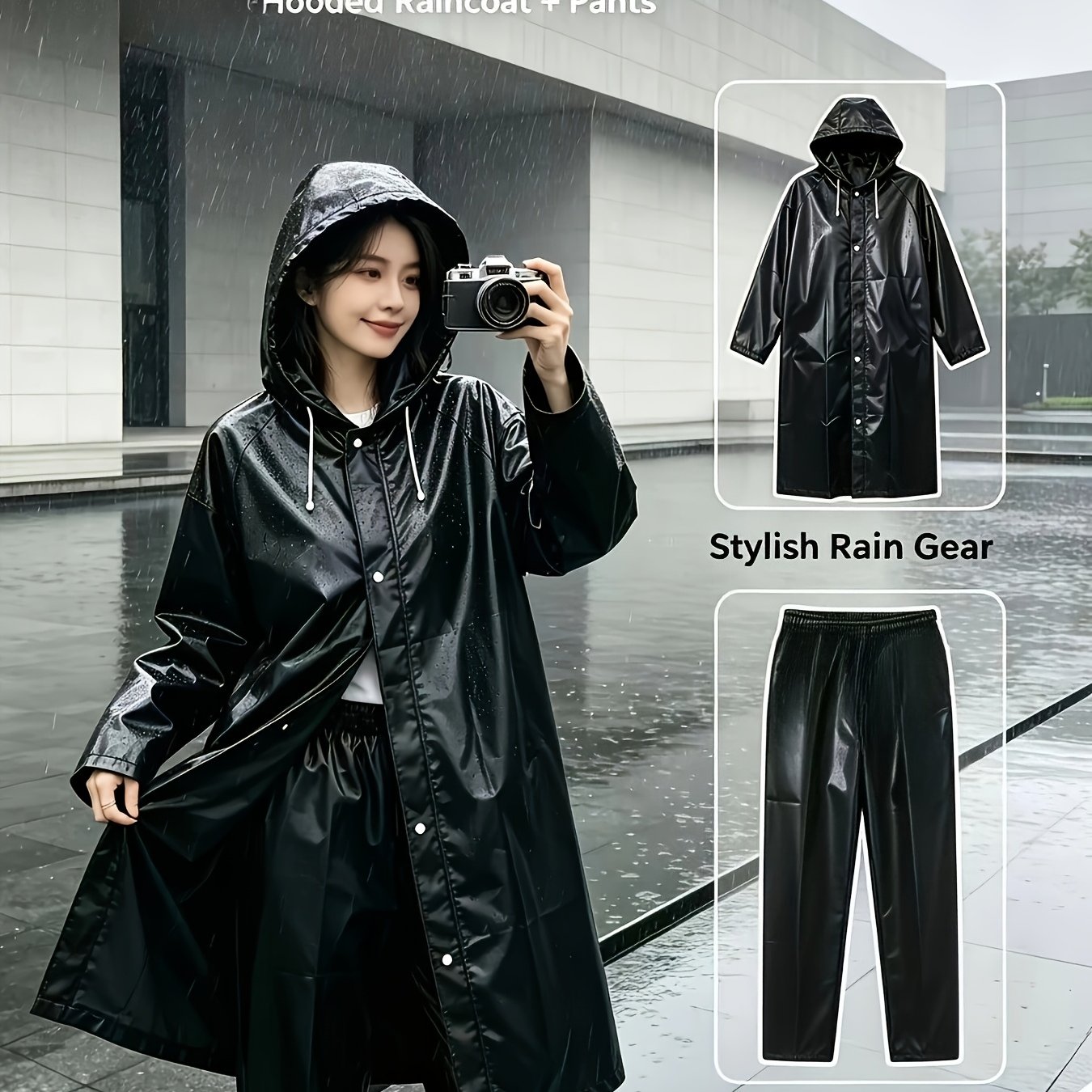 TEMU 2pcs Unisex Rainwear Set, Long Coat With Hood And Rain Pants Combination, Lightweight And Portable Outdoor Travel/camping Gear