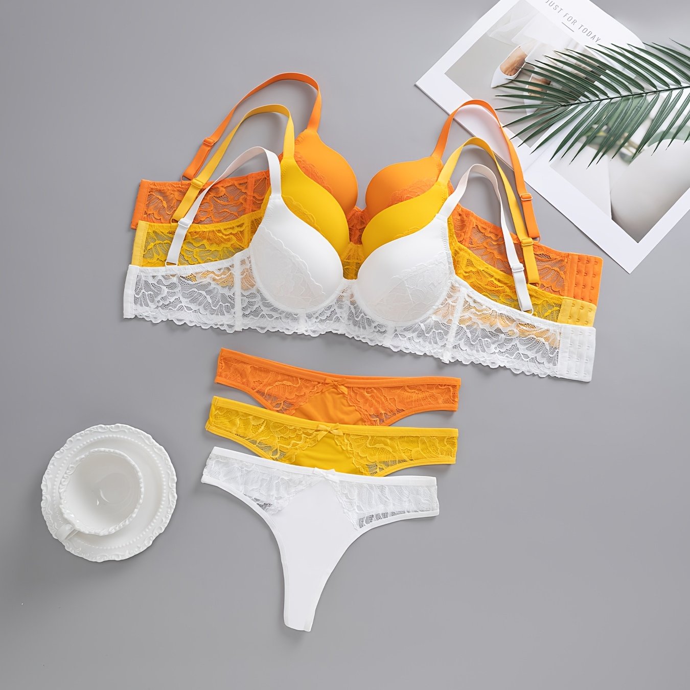 TEMU 3 Sets And Bright Lace Lingerie Set, Solid Color Push-up Bra And Matching T-back Panties, Sheer Lace, Ready For Everyday And Date Night