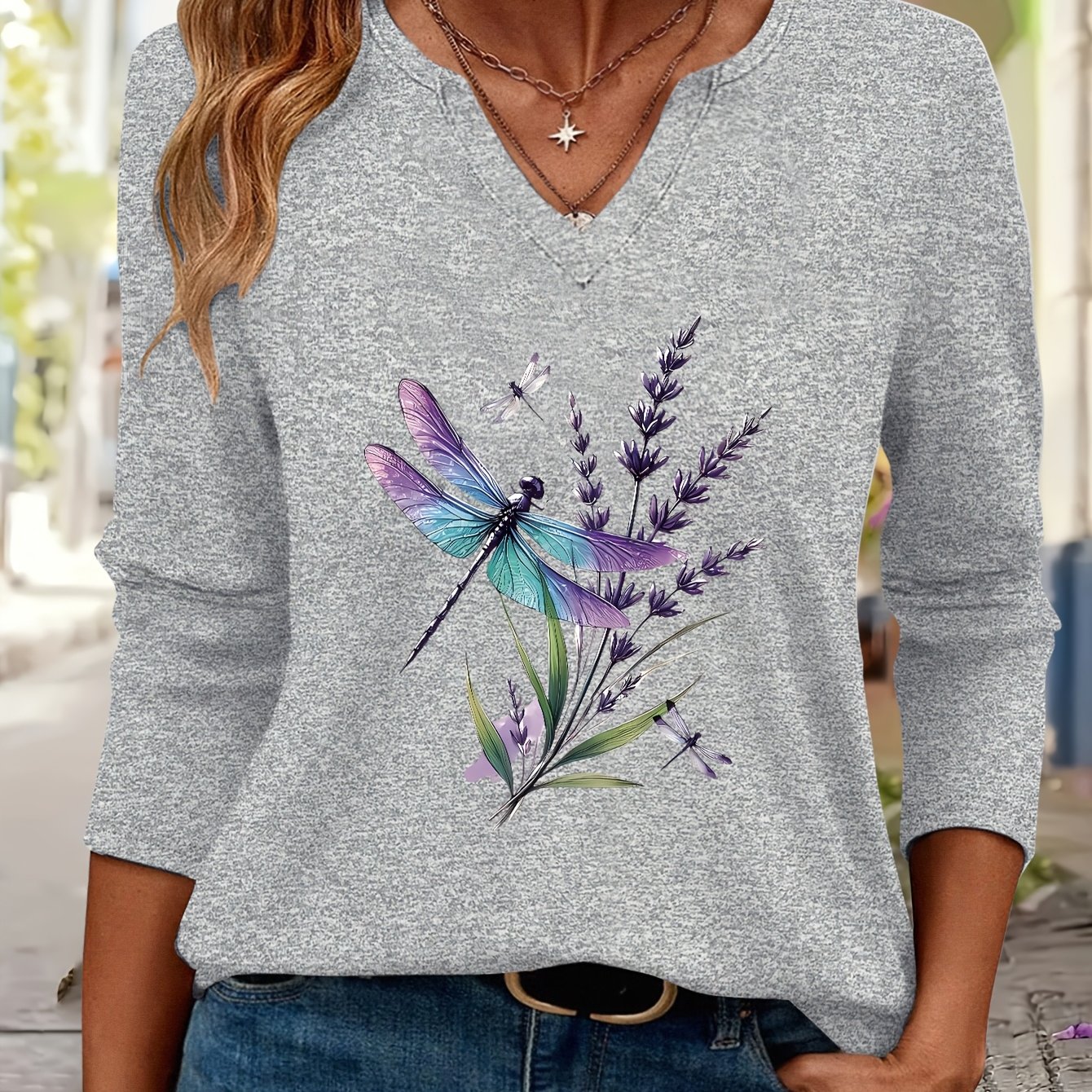 TEMU Purple Relaxed Romantic Lavender And Dragonfly Pattern Print V-neck Three-quarter Sleeve T-shirt Casual Base Layer Easy Clothing Suitable For
