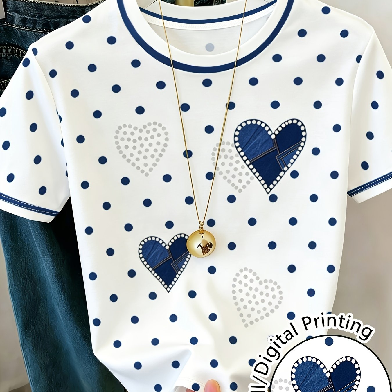 TEMU [printed Design - Not Texture] Women's T-shirt With Polka Dot Heart Pattern, Printed Round Neck Short Sleeve Top, Perfect Gift For Women