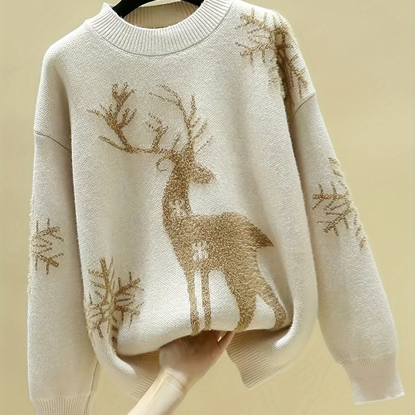 TEMU Elegant Women's Christmas Reindeer Knit Sweater - Cozy Acrylic, Long Sleeve, Round Neck, Deer & Design, Autumn/winter, Reindeer Christmas Decor