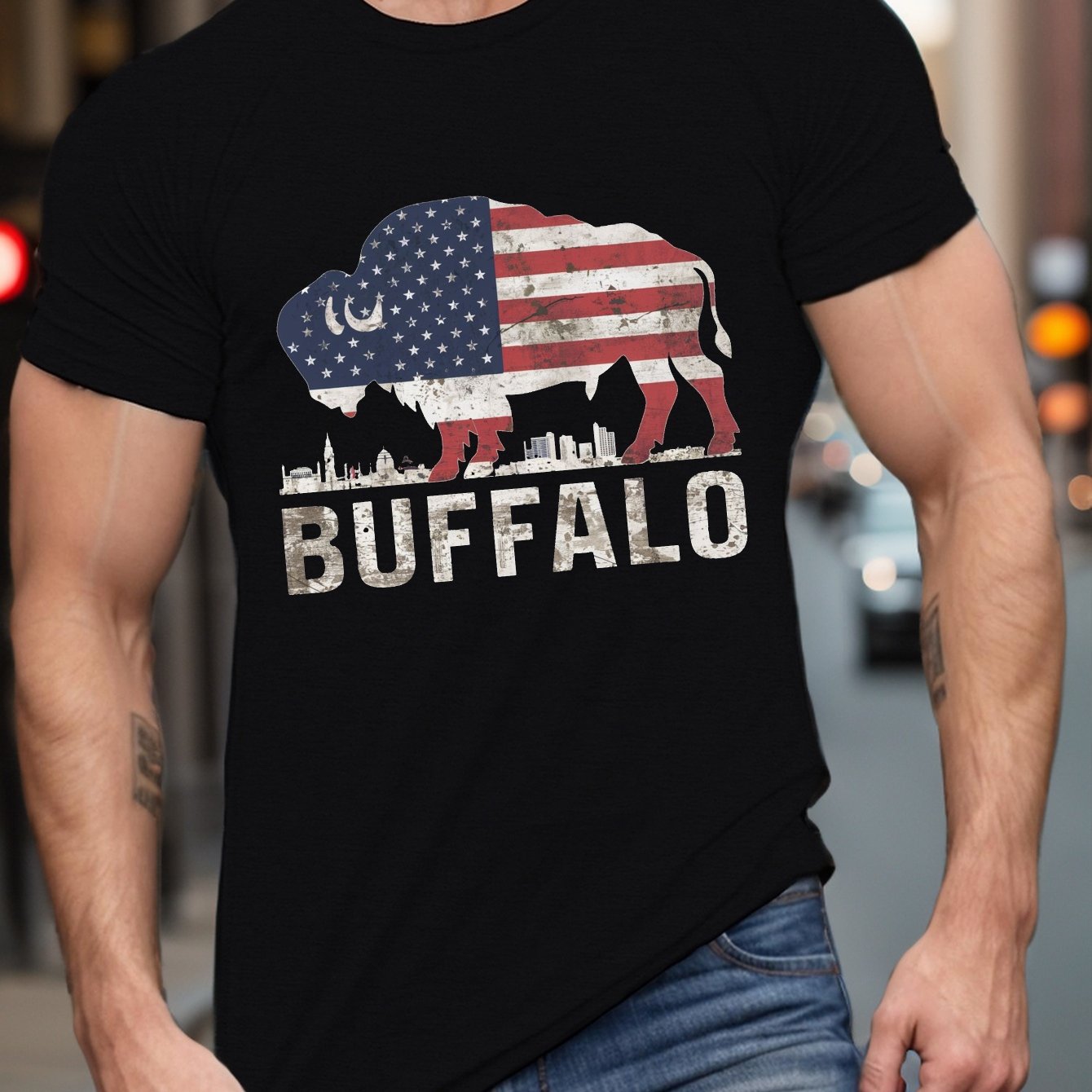 TEMU Men's Patriotic Buffalo Print T-shirt - Casual Crew Neck Polyester Tee With Slight Stretch, Geometric Pattern, Regular Fit Summer Knit Fabric Shirt