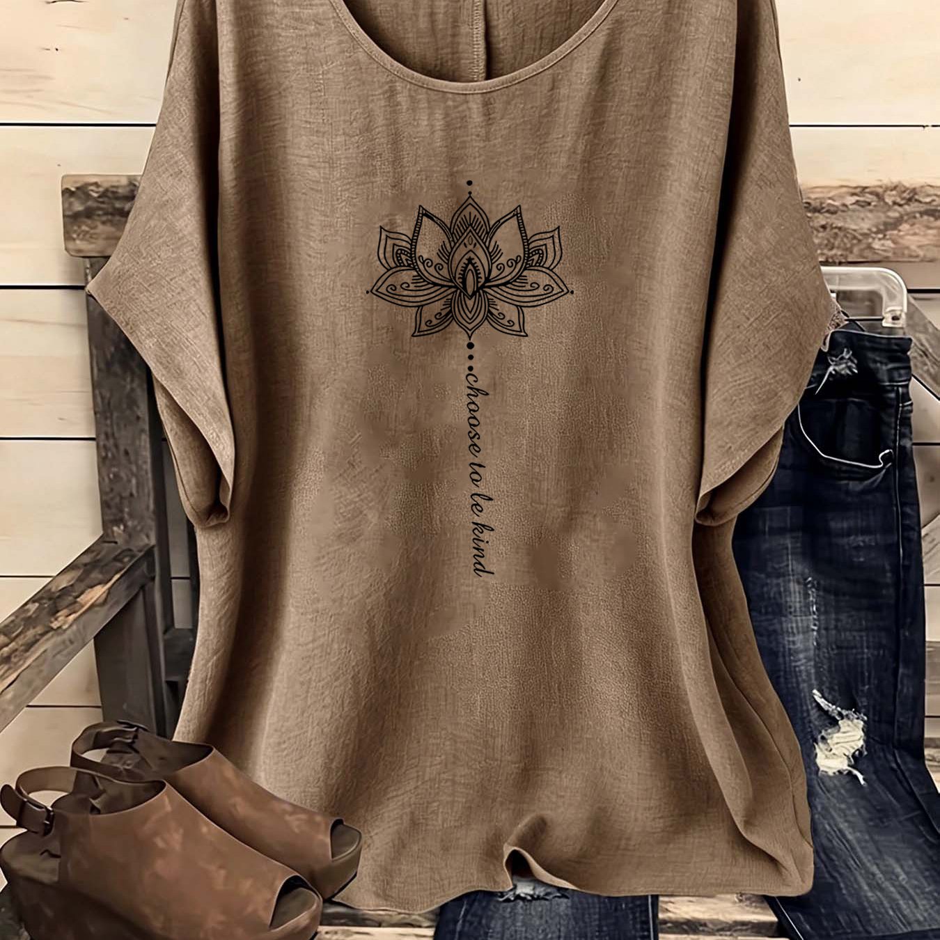 TEMU European American Easy Bohemian Style Vintage Floral Casual Round Neck Short Sleeve Shirt, 1pc Women's Shirt, Vintage Women's Wear, Women's