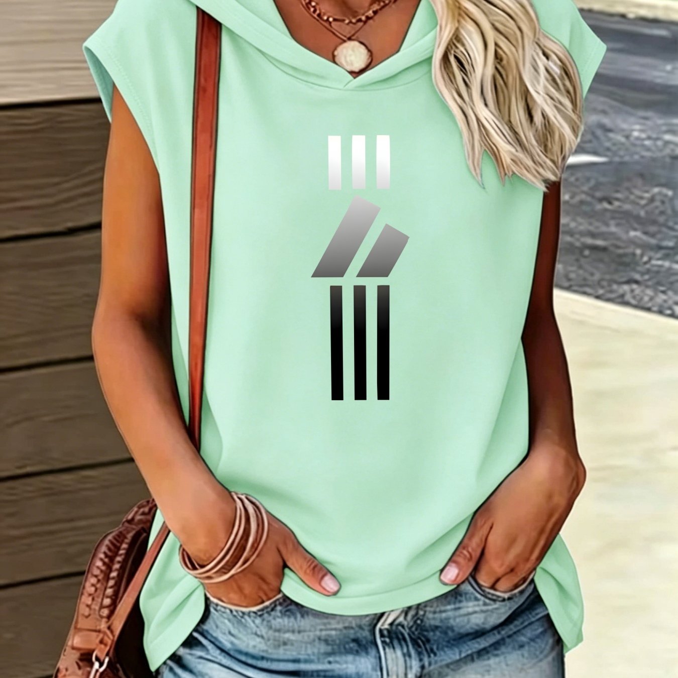TEMU Women's Gradient Vertical Striped Hooded Sleeveless Vest - Breathable Summer Top With Hood, Loose Fit Pullover Suitable For Commuting, Travel,