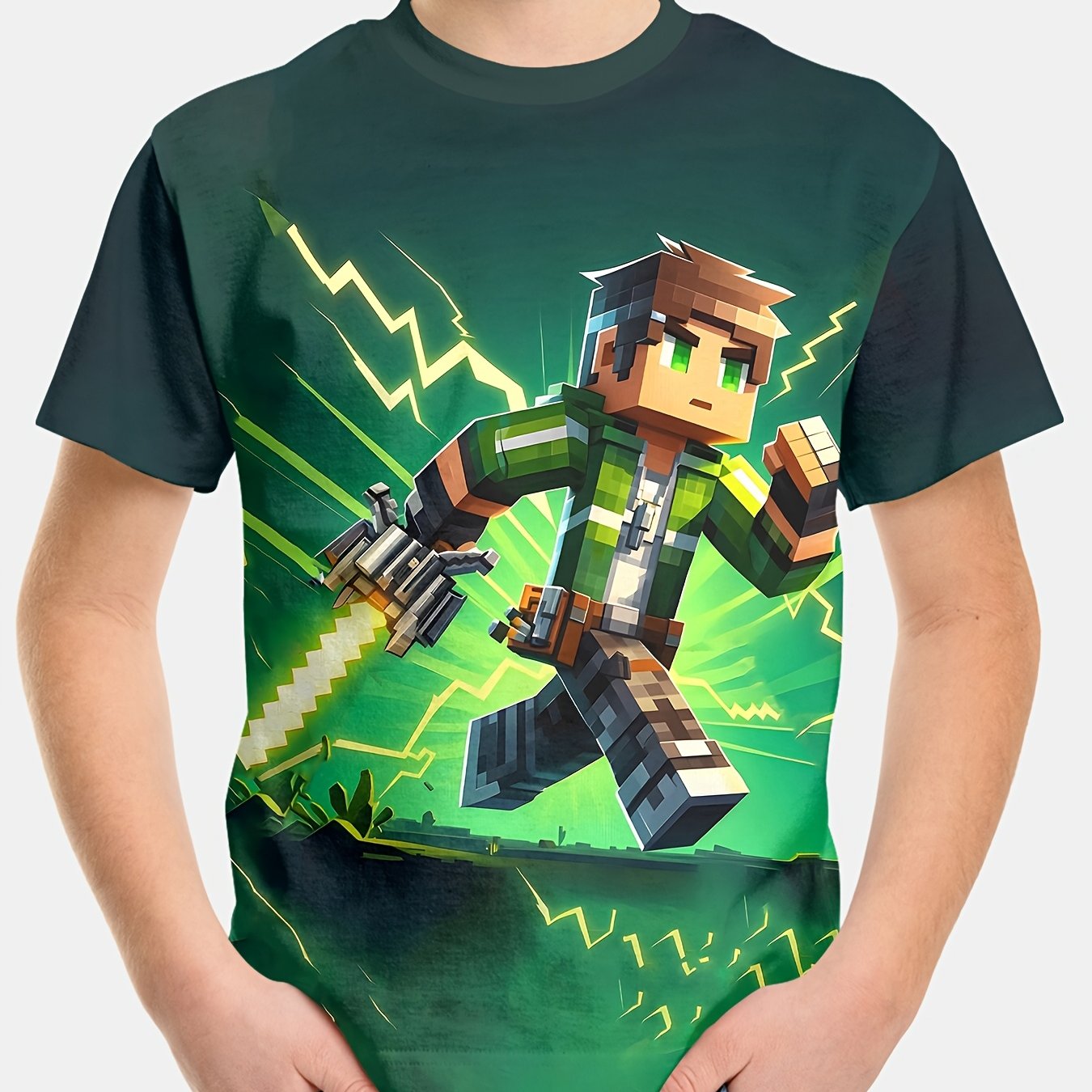 Boys' T-shirt Top, Running Pixel Warrior , Comfortable And Breathable, Summer Casual Children's Clothing, Machine Washable, Suitable For Leisure, Outdoor Sports, Parties, Vacations, Gifts And