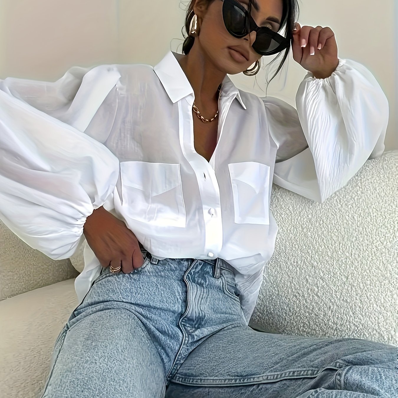 E-shop Ling Shuangjiang BK0828006 Elegante Damenbluse - Weißes Stehkragen Semi-Formelles Oberteil, Geeignet für und formelle Anlässe,