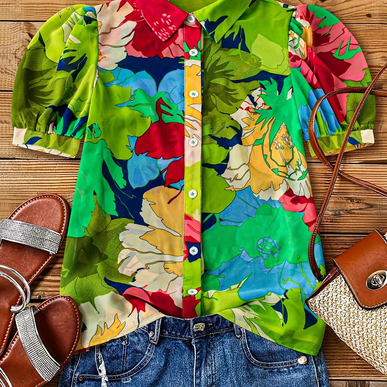 E-shop Damen Blumenmuster Puffärmel Lässiges Locker Geschnittenes Shirt, Geeignet für Urlaubs-Damen Shirts, Kurzarm Transparentes Oberteil