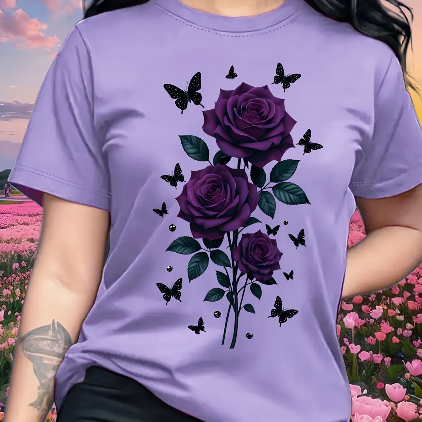 TEMU Chic And Romantic Rose Pattern Women's Fashion Casual T-shirt, Short-sleeved Round-neck Top, Valentine's Day, Suitable For Travel, Vacation,