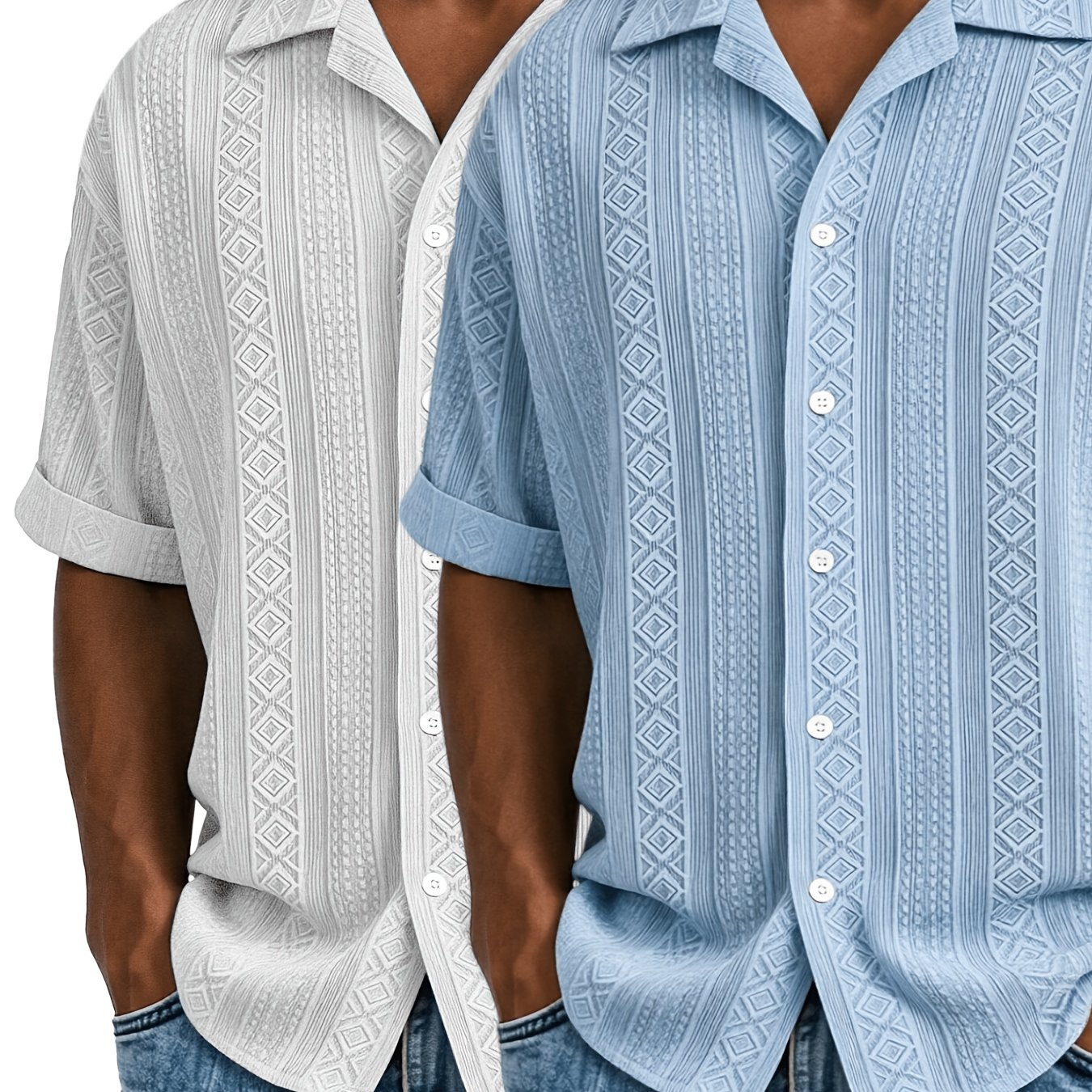 Image of 2pcs Set 2026 's Jacquard Short-sleeve Shirts, Full-open Lapel Button-up Cardigan - Casual, Relaxed-fit, Notched-collar Shirts For Summer Beach Vacations, Solid Colors, Versatile For , Commuting, And