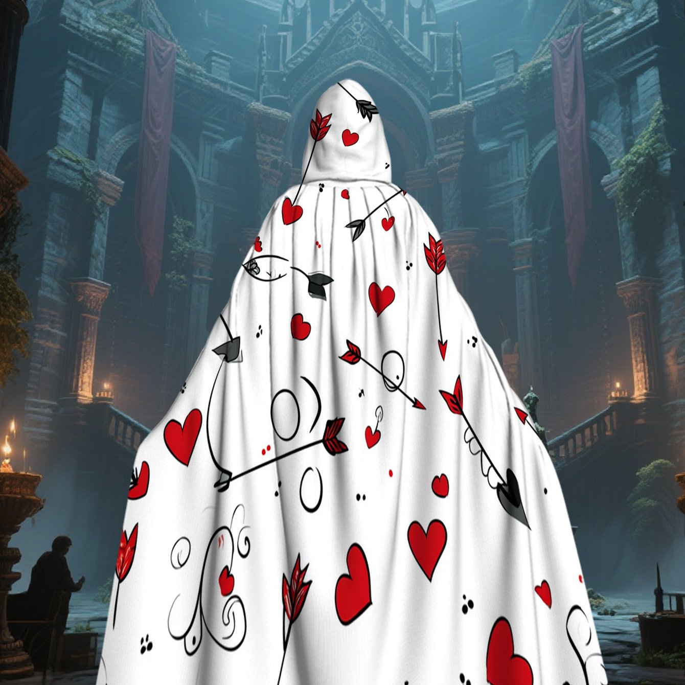 TEMU 1pc Lianyaoshi Product 2d Flat Printing Everyday-elegant Hooded Cape With Cupid Bow Heart Arrow, 100% Polyester, For Halloween Party, Camping,